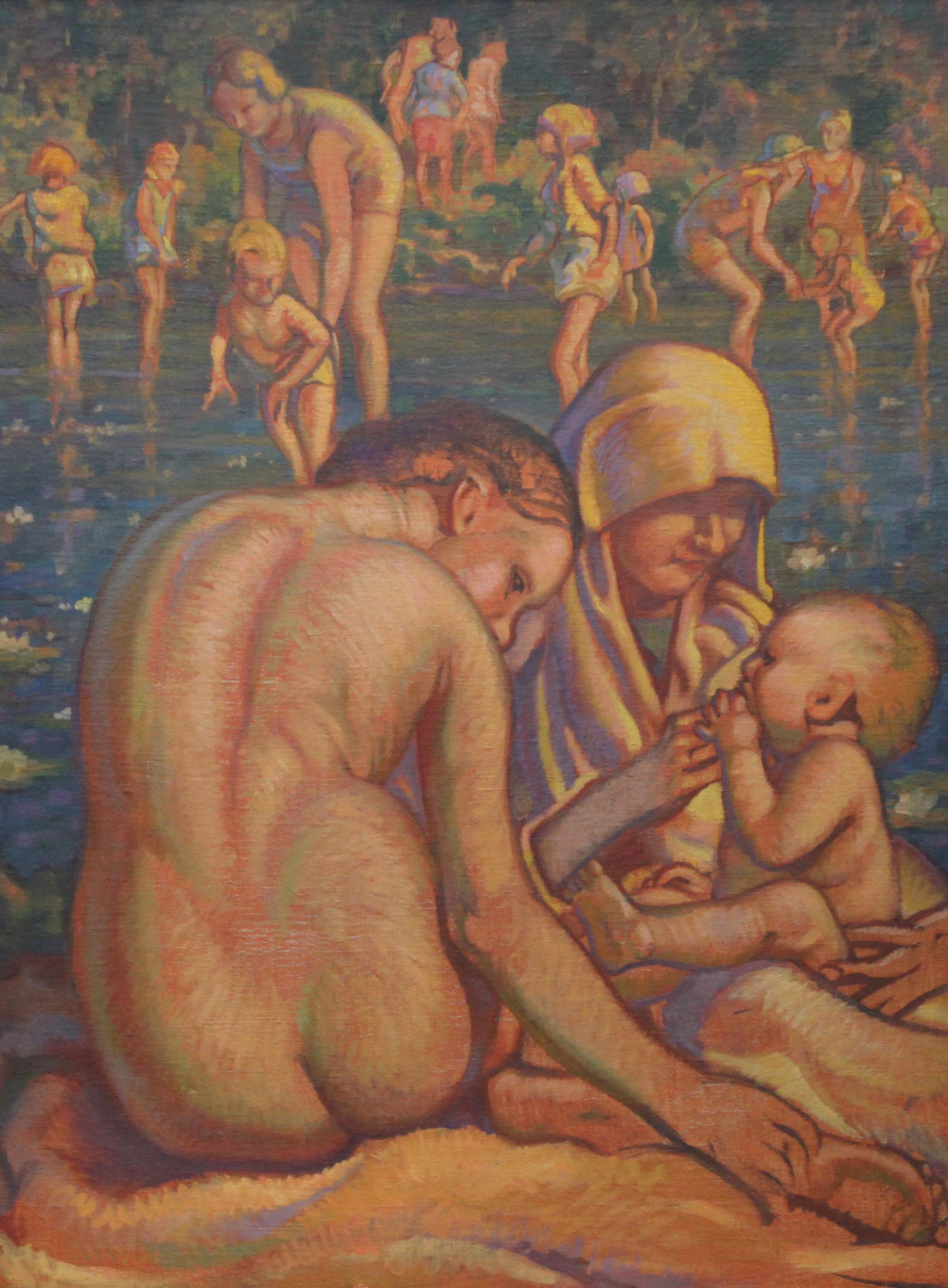 Mutter und Kind baden – British Slade School 30er Jahre Art Deco Akt Ölgemälde – Painting von Unknown