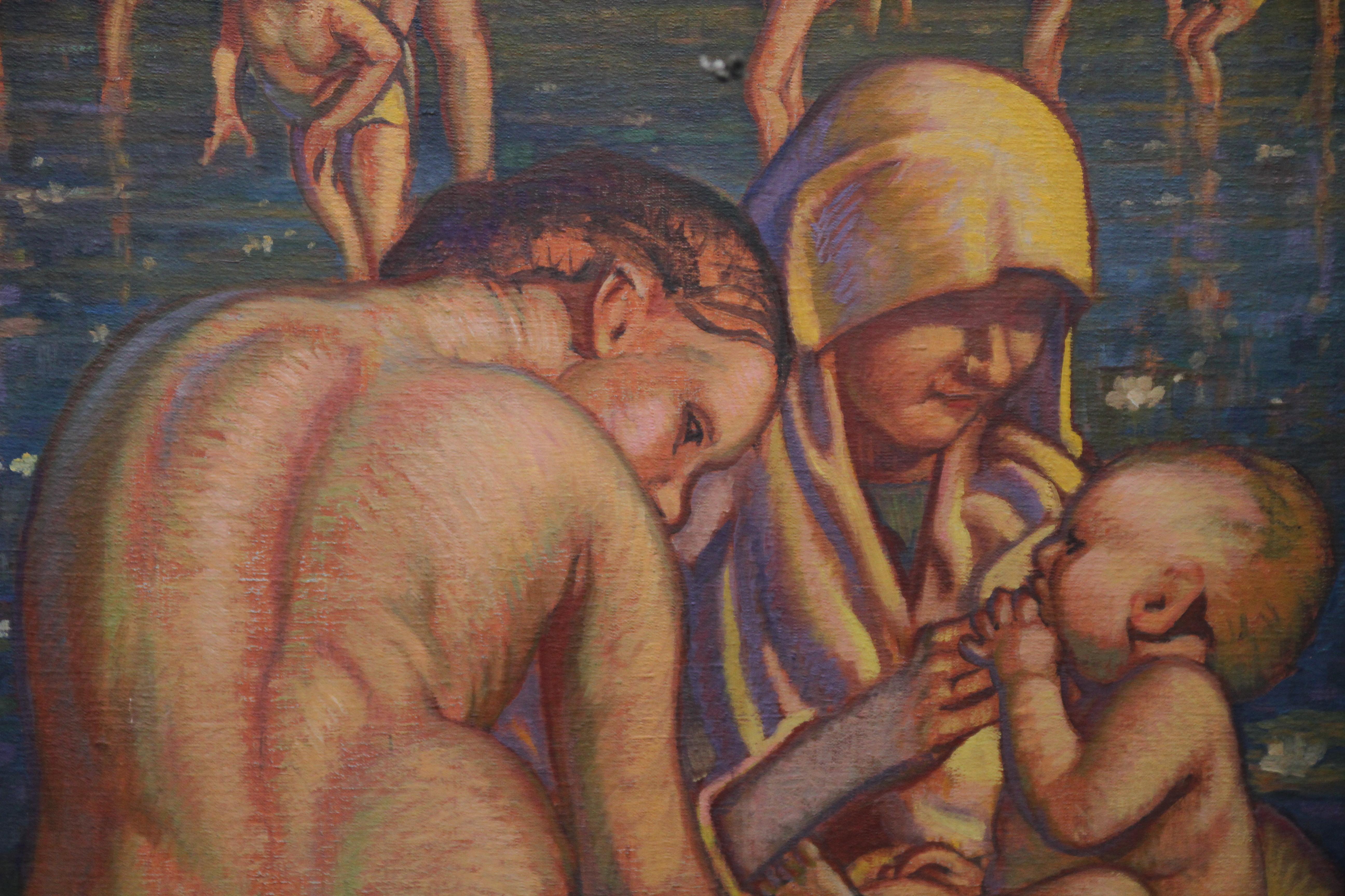 An intriguing 1930's Art Deco Slade School oil on canvas painting. The work depicts a mother and child bathing, surrounded by other bathers. It possibly has religious overtones. This interesting inter war painting, similar in many ways to the