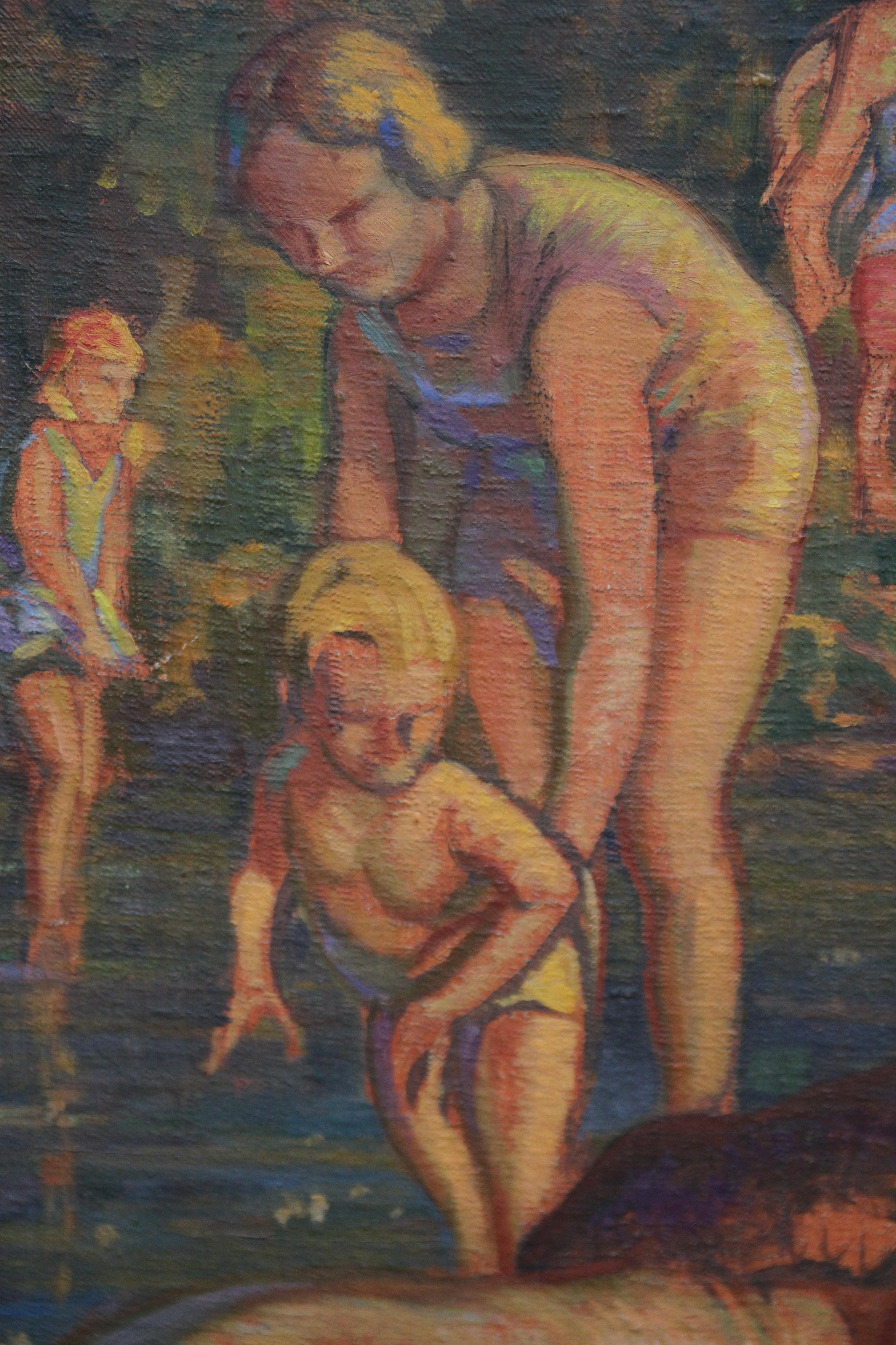 Ein faszinierendes Ölgemälde der Art Deco Slade School aus den 1930er Jahren auf Leinwand. Das Werk zeigt eine Mutter mit Kind beim Baden, umgeben von anderen Badenden. Sie hat möglicherweise religiöse Untertöne. Dieses interessante Gemälde aus der