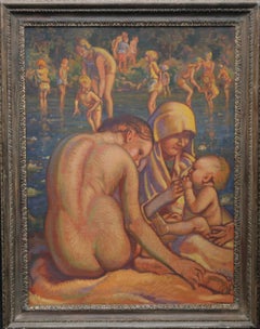 Mother and Child Bathing - British Slade School 30's Art Deco nude oil painting
