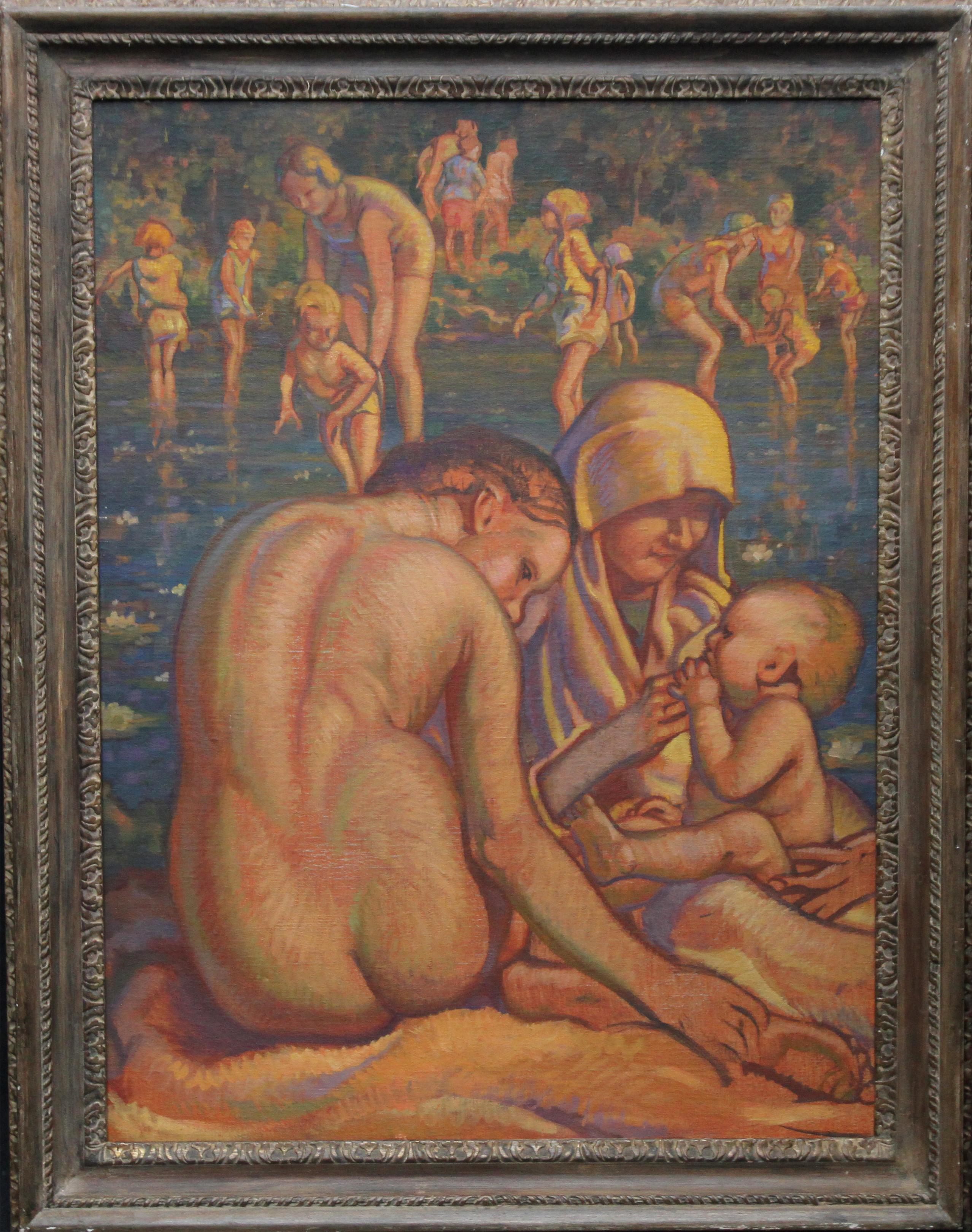 Madre e hijo bañándose - Óleo desnudo Art Decó de los años 30 de la escuela británica Slade