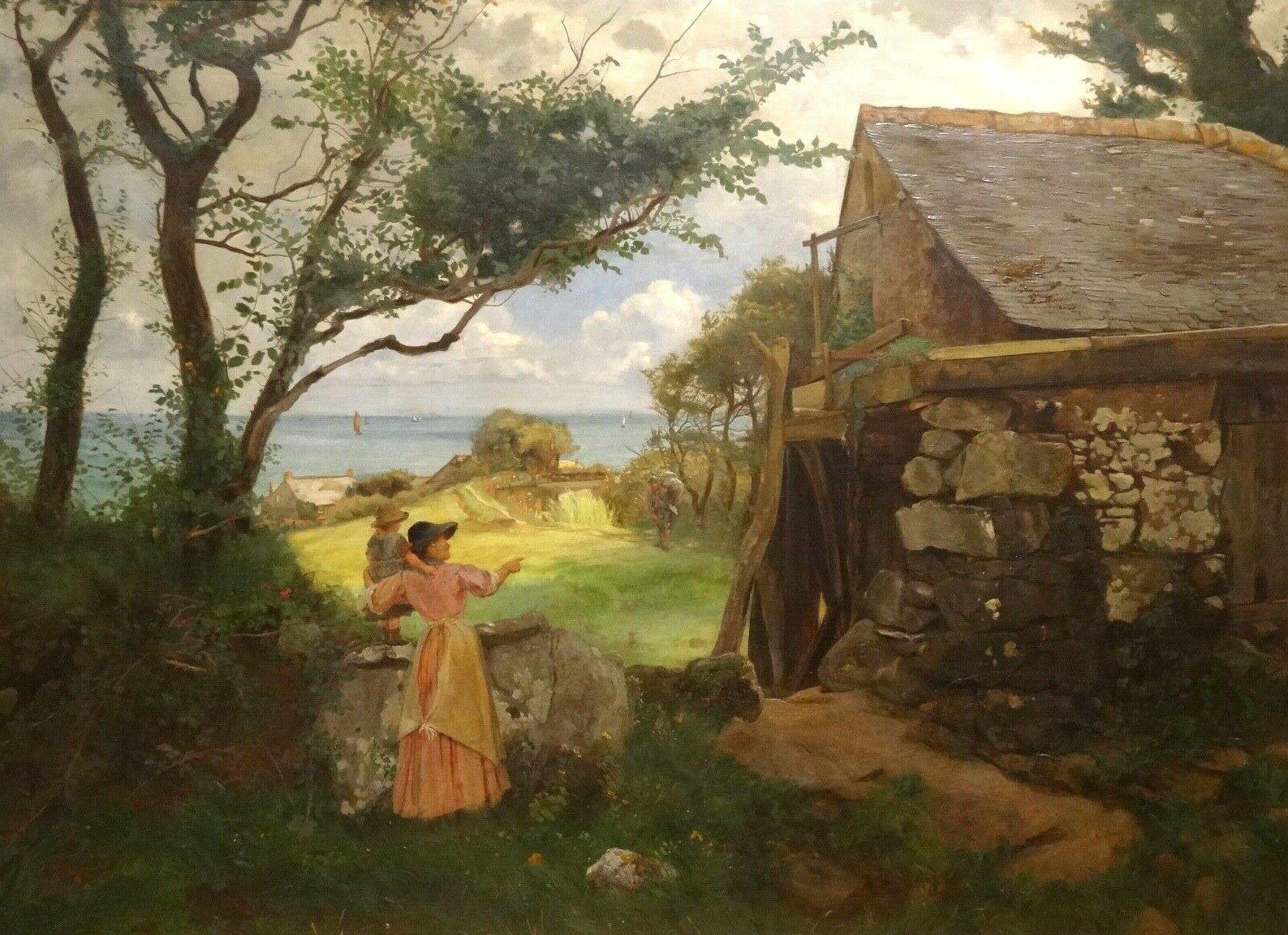 Unknown Landscape Painting - Mother & Child By A Mill, 19th Century  