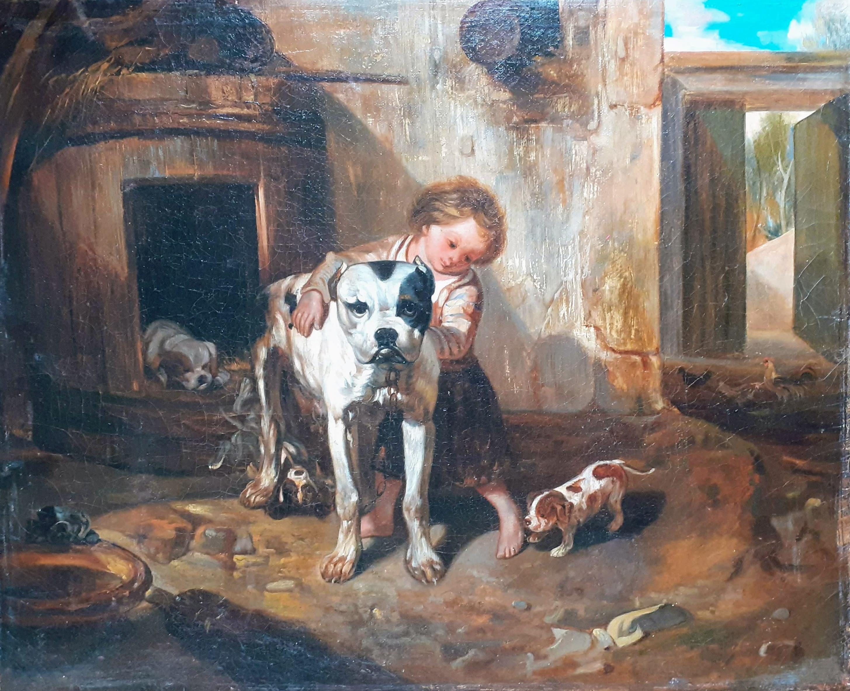 Mother dog and her puppies, 19th Century French Barbizonf armhouse painting - Painting by Unknown