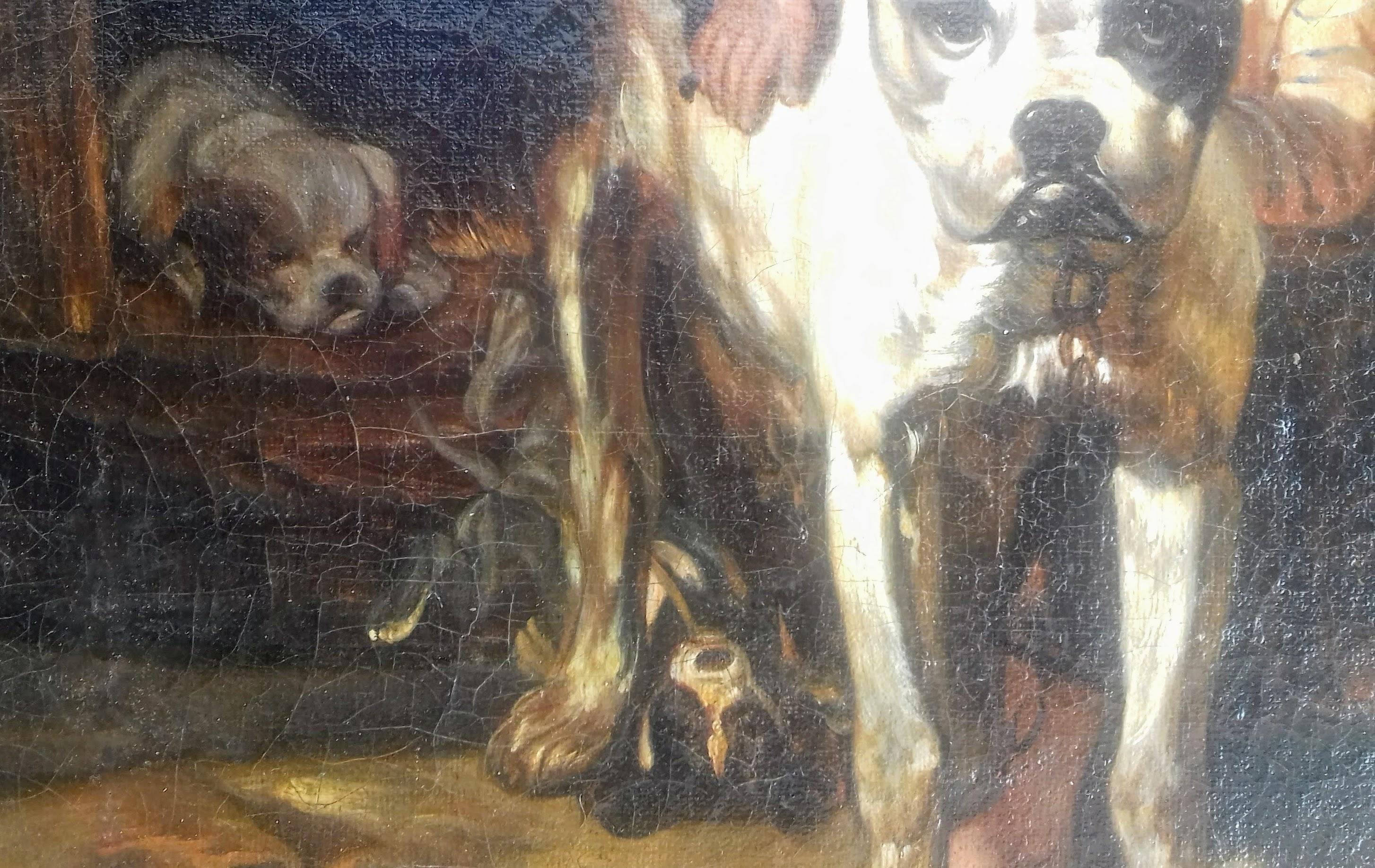 Charmante peinture canine du 19e siècle représentant une mère dogue et ses petits exubérants près des granges ou des étables d'une ferme, avec un jeune enfant qui leur fait des papouilles !

Datant d'environ 1860-70, cette huile sur toile n'est pas