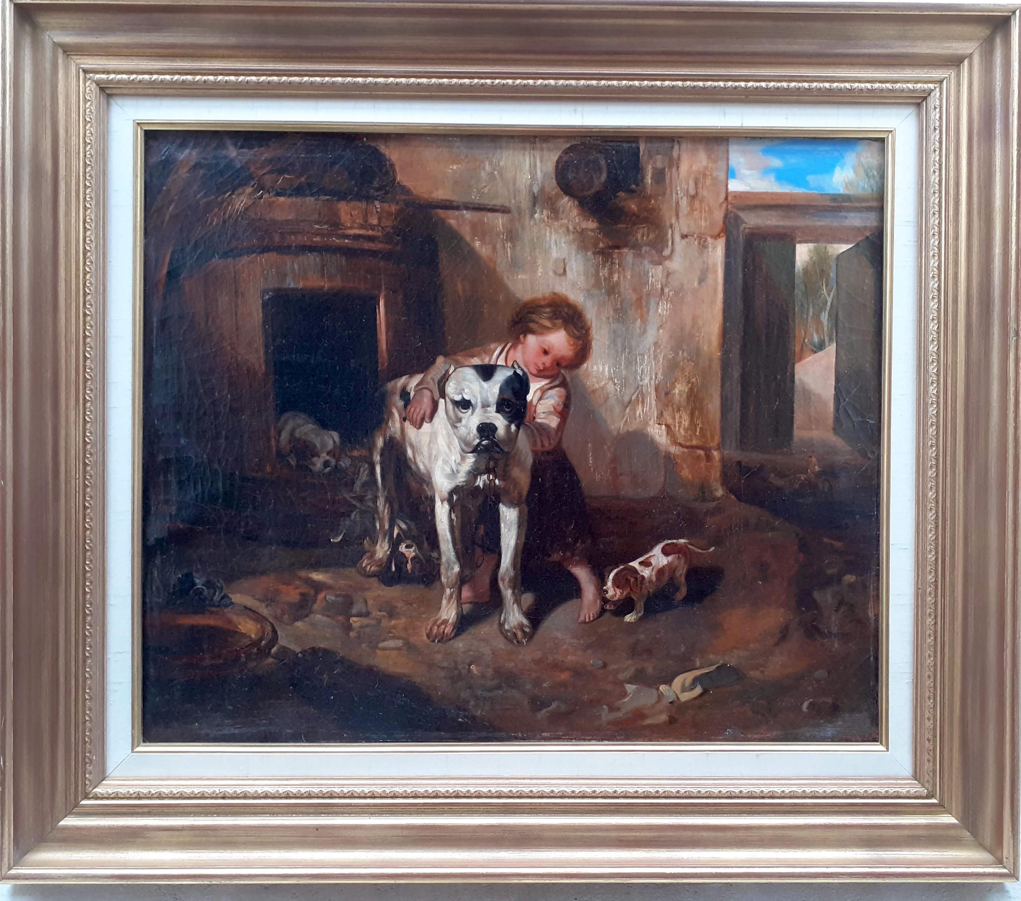 Madre perra y sus cachorros, pintura francesa de Barbizonf del siglo XIX
