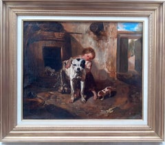 Mother dog and her puppies, 19th Century French Barbizonf armhouse painting