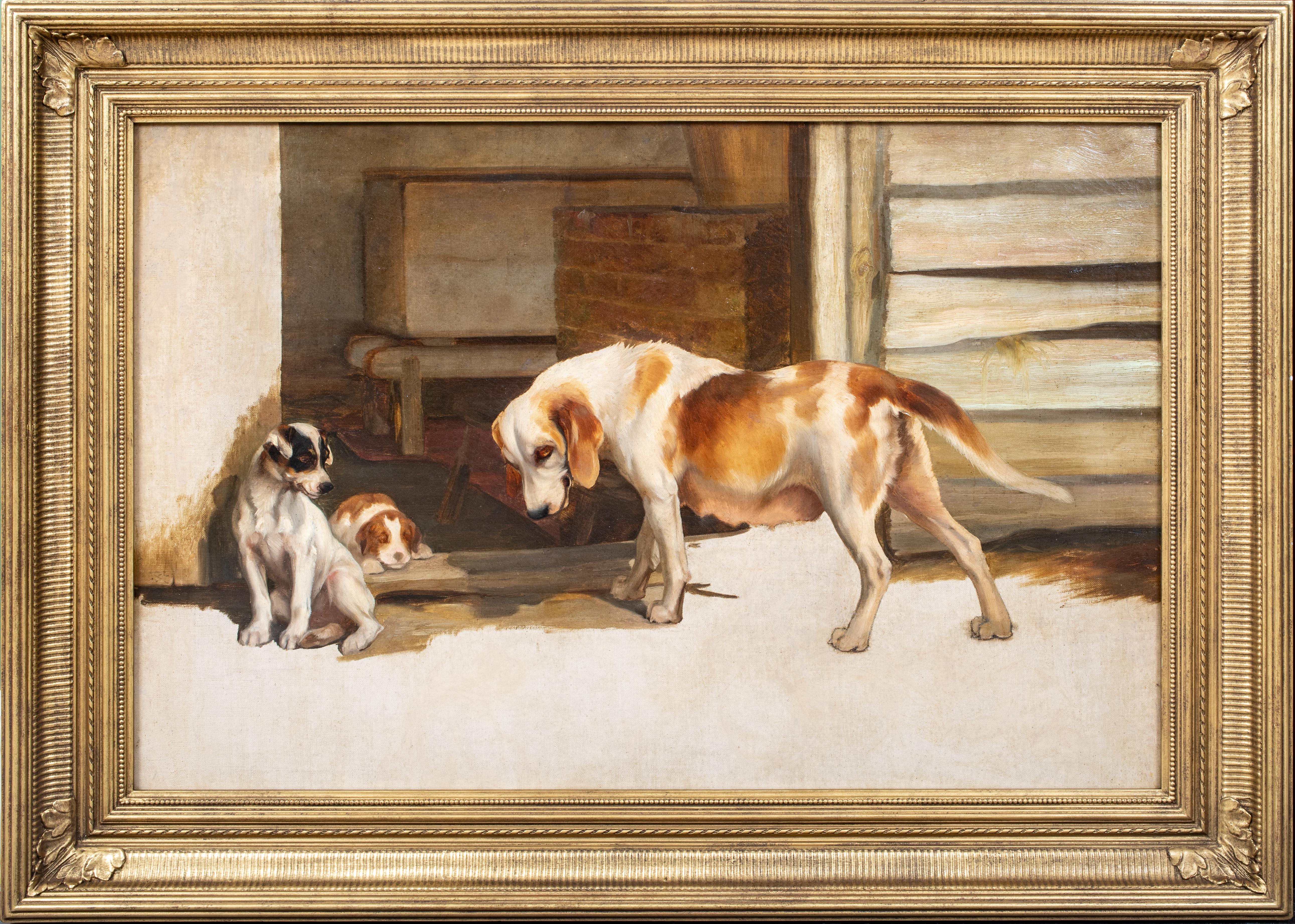 Motherhood, 19th Century   English School Hound Dog & Her Puppies - Painting by Unknown
