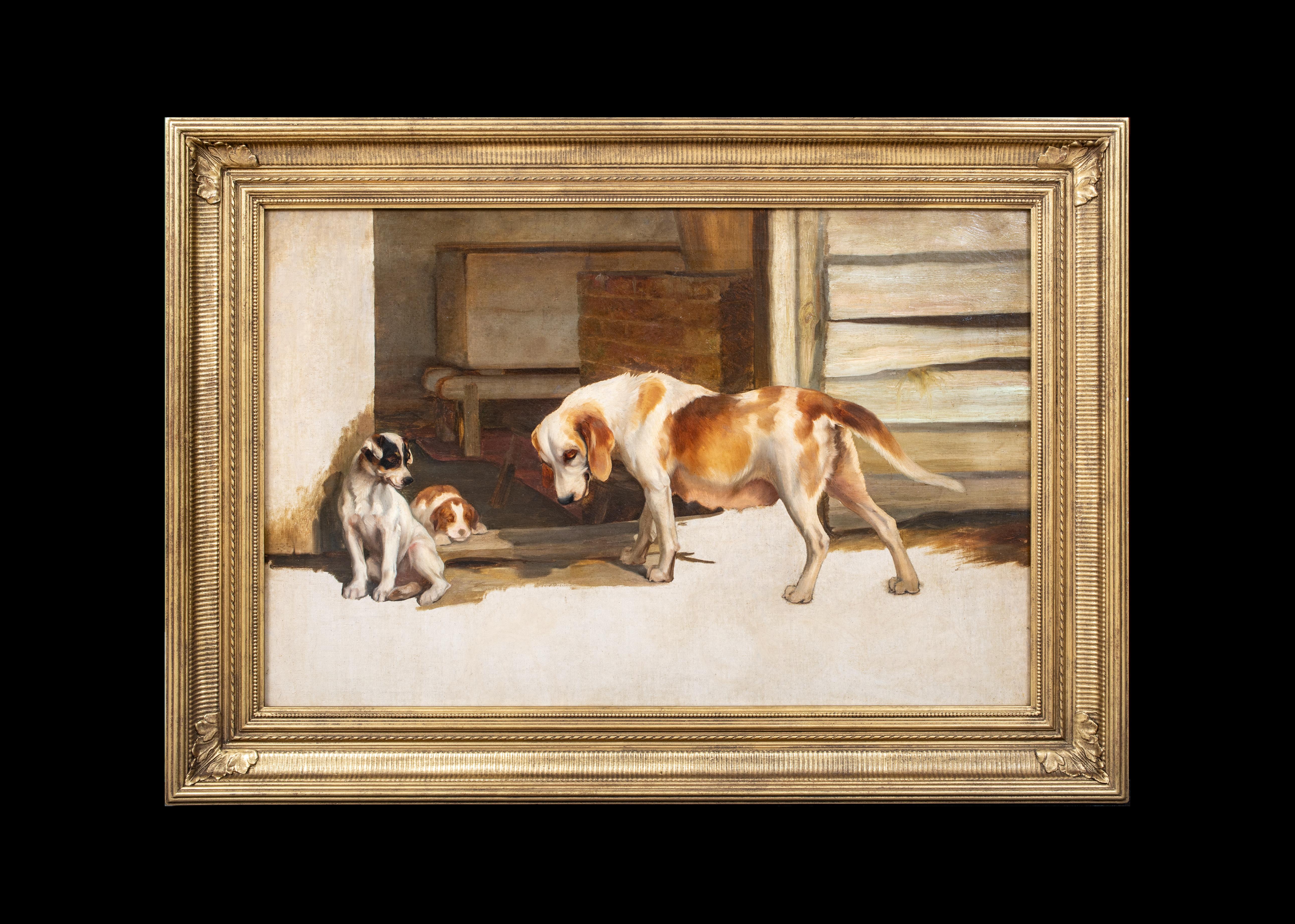 Motherhood, 19th Century   English School Hound Dog & Her Puppies - Beige Animal Painting by Unknown