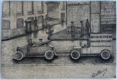 Motor Repair Van City Street Scene Ink Drawing Signed De Quincey