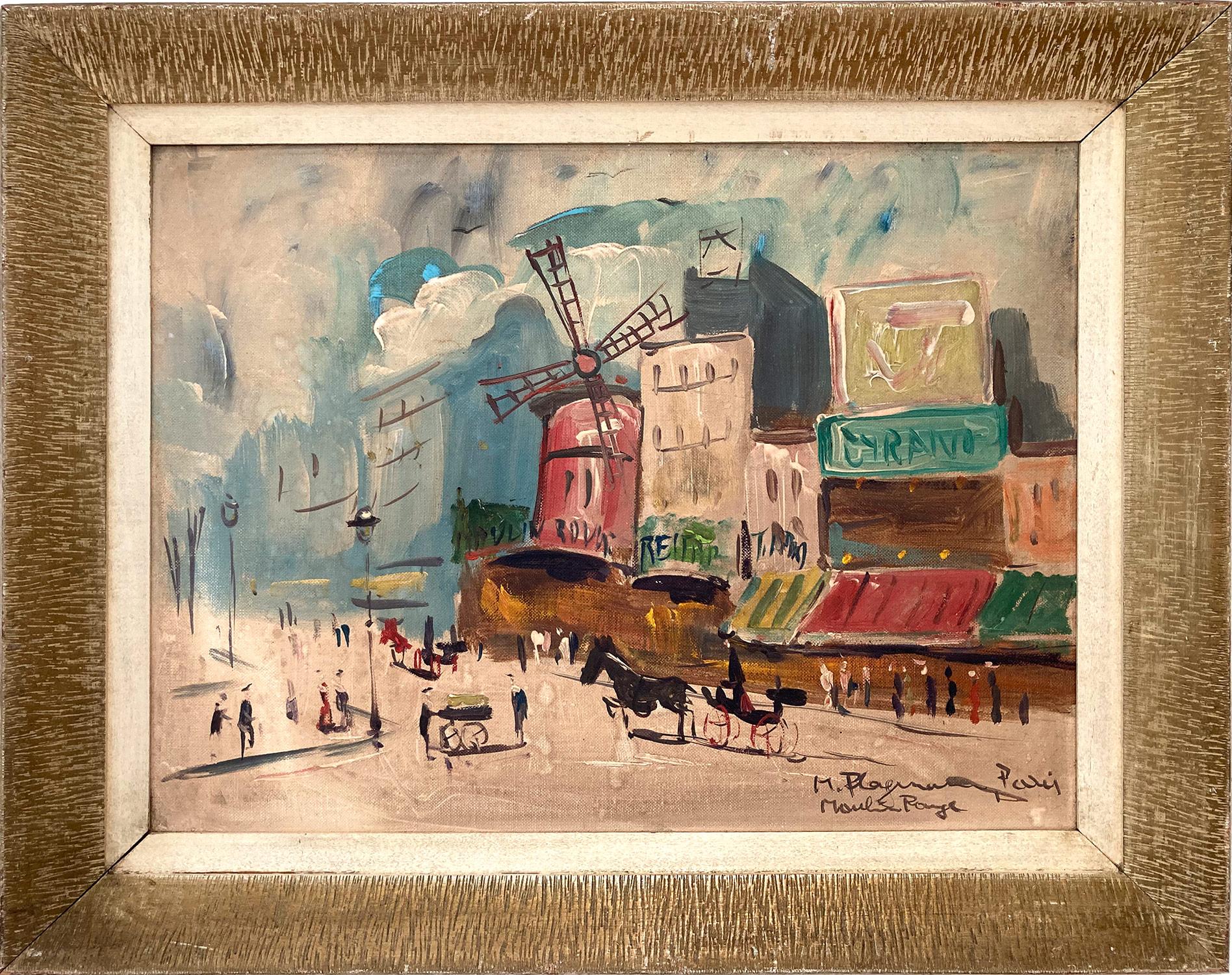 Unknown Figurative Painting - "Moulin Rouge" French Impressionist Street Scene of Paris Oil Painting on Board
