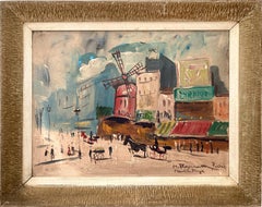 Vintage "Moulin Rouge" French Impressionist Street Scene of Paris Oil Painting on Board