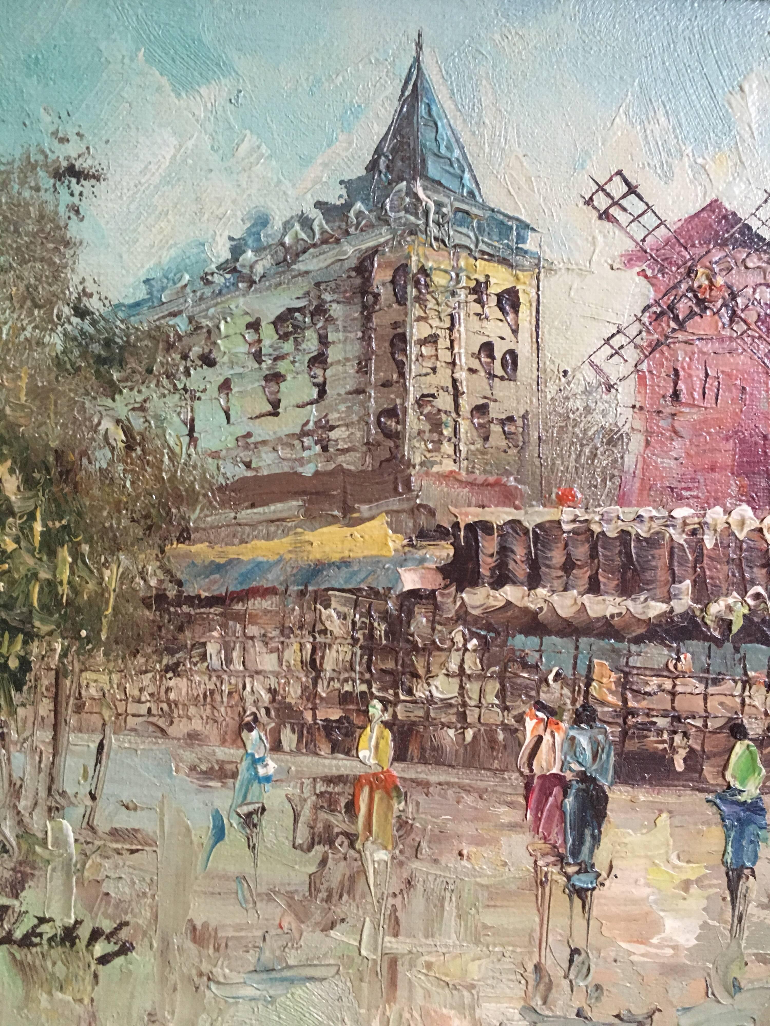 Moulin Rouge, Impressionist Landscape of Paris, Signed Oil - Gray Figurative Painting by Unknown
