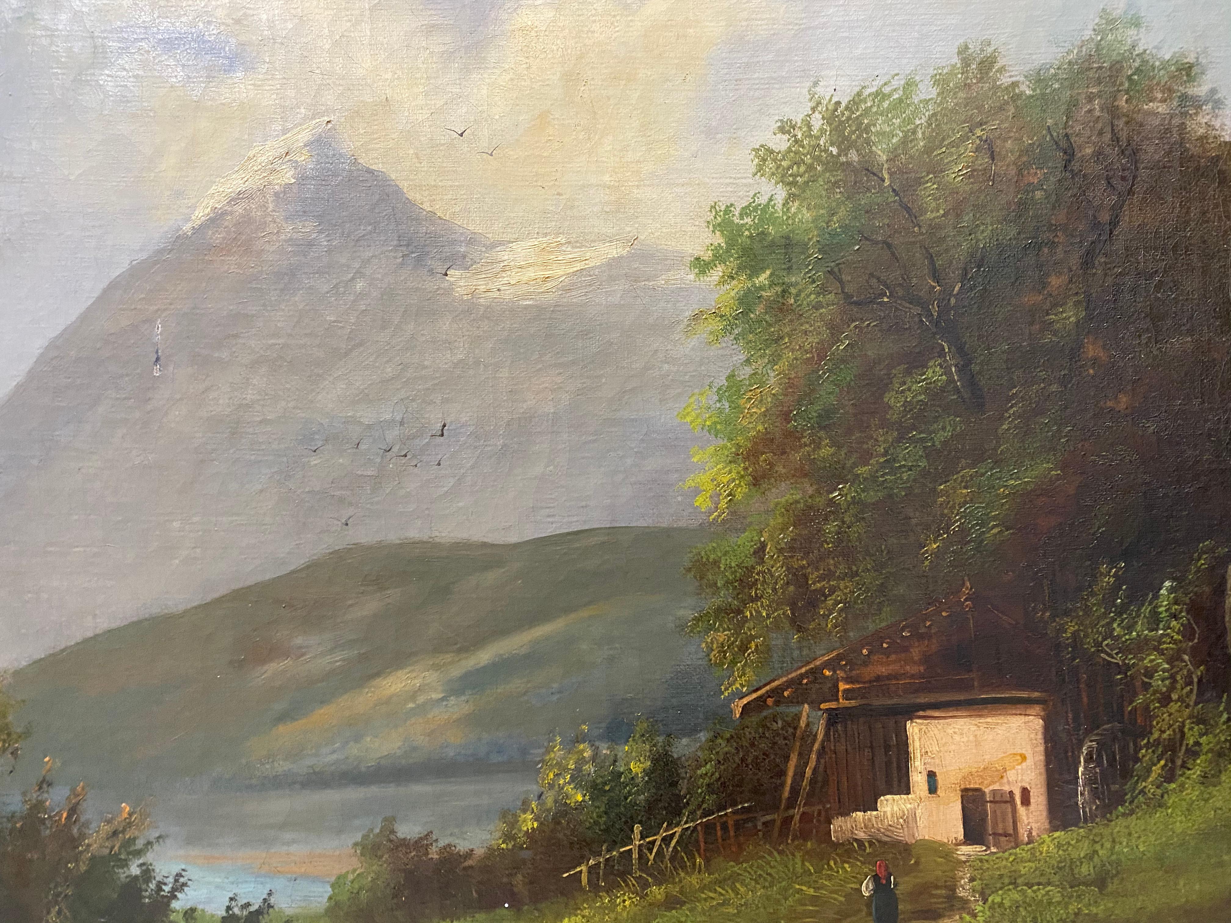 Mountain Home Landscape Original Painting by Albertos C.1920 For Sale 2