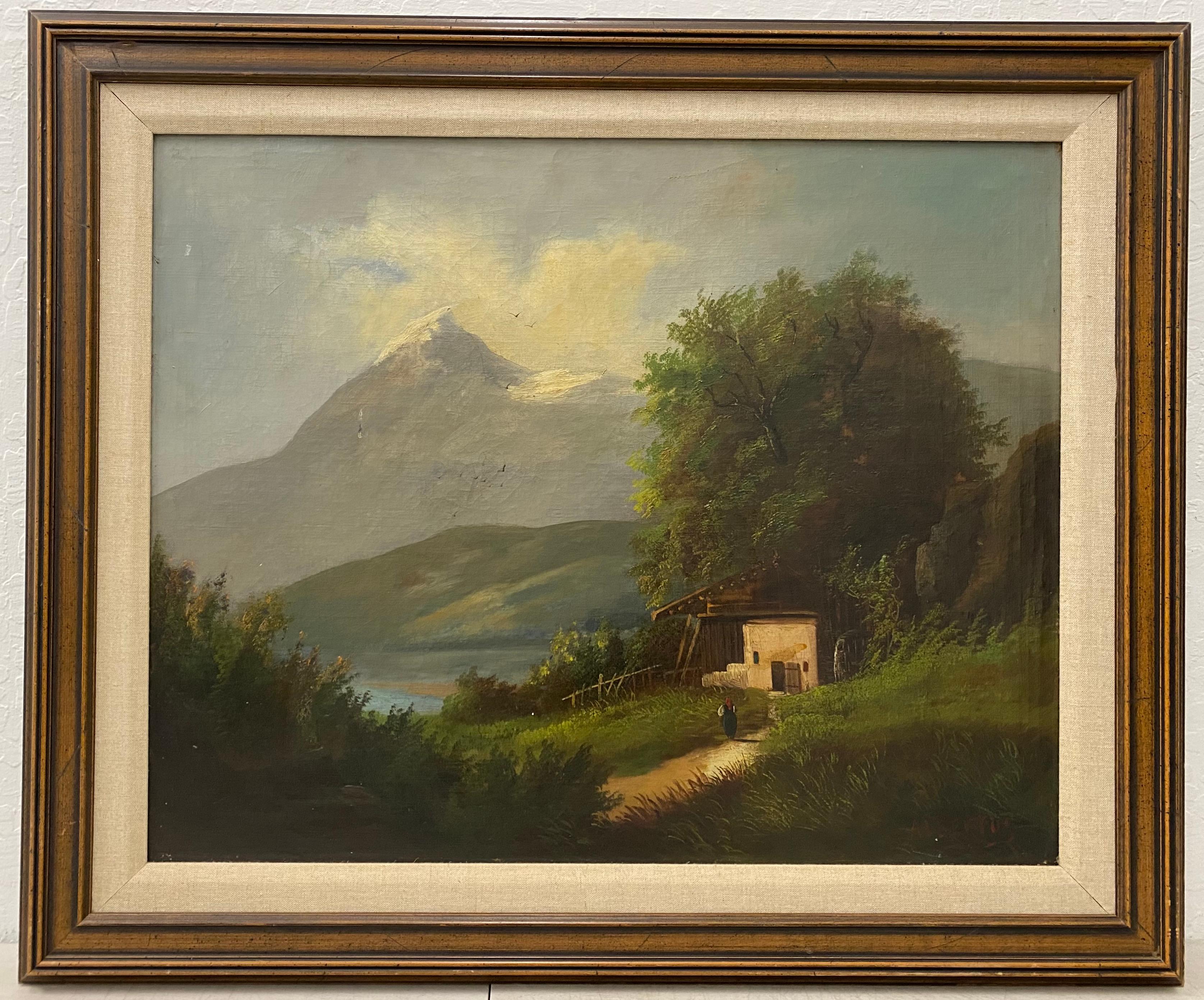 Unknown Landscape Painting – Mountain Home Landscape, Originalgemälde von Albertos, ca. 1920