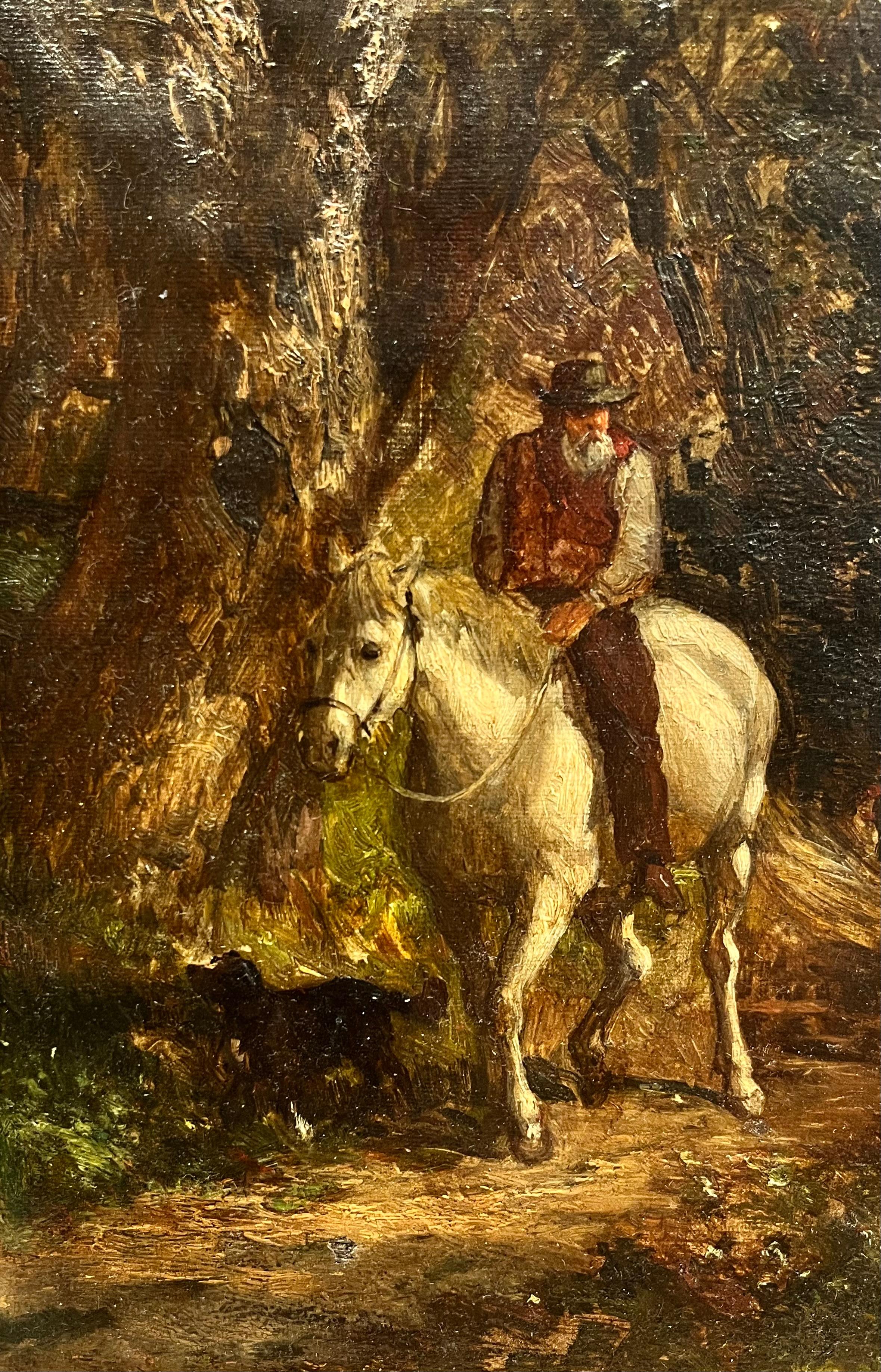 Mountain Horse Ride est une peinture à l'atmosphère riche qui capture la dignité tranquille de la vie rurale. Bien qu'elle ne soit pas signée, cette œuvre témoigne d'un traitement raffiné de la figure, de l'animal et du paysage qui suggère la main