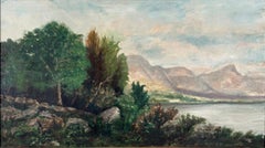 Mountain Lake Landscape, Oil on Canvas, Giltwood Frame, 1930, 16x28"