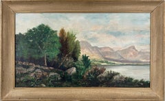 Mountain Lake Landscape, Oil on Canvas, Giltwood Frame, 1930, 16x28"