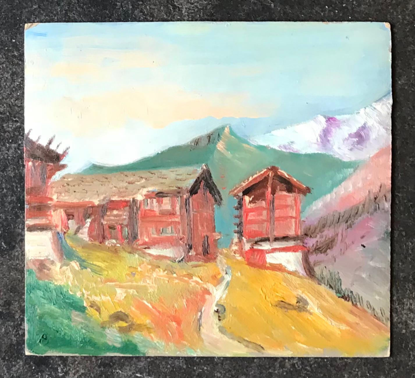 Mountain landscape with chalets - Oil on paper 19x21 cm - Painting by Unknown
