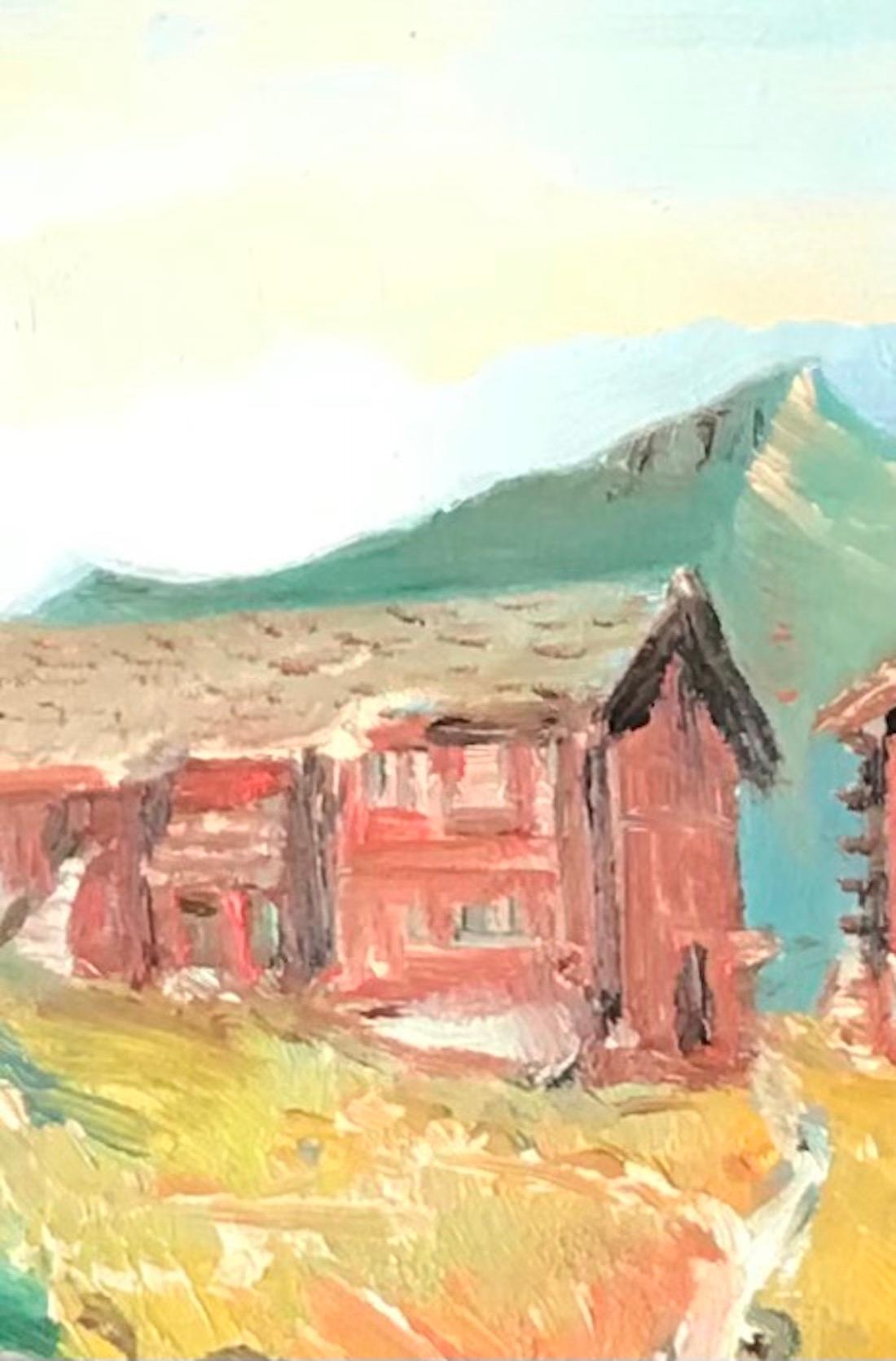 Mountain landscape with chalets - Oil on paper 19x21 cm - Modern Painting by Unknown
