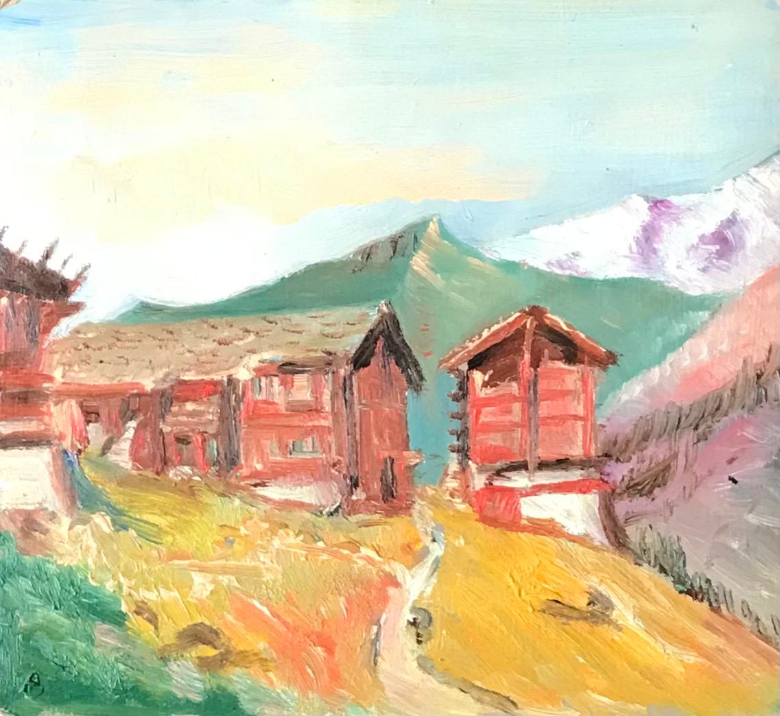 Unknown Landscape Painting - Mountain landscape with chalets - Oil on paper 19x21 cm
