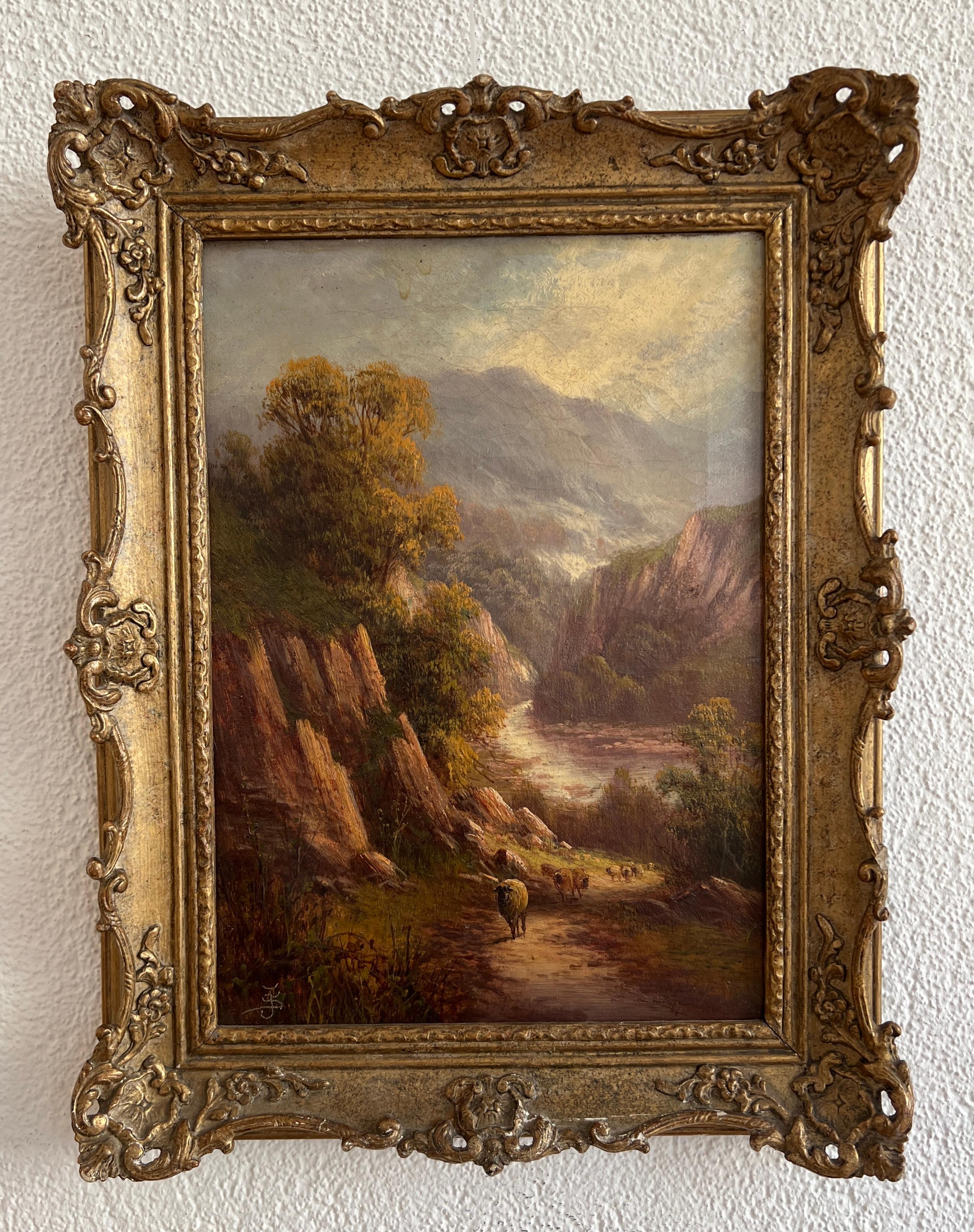 Landschaft im Berggebirge mit Schafen an einem Fluss – Painting von Unknown