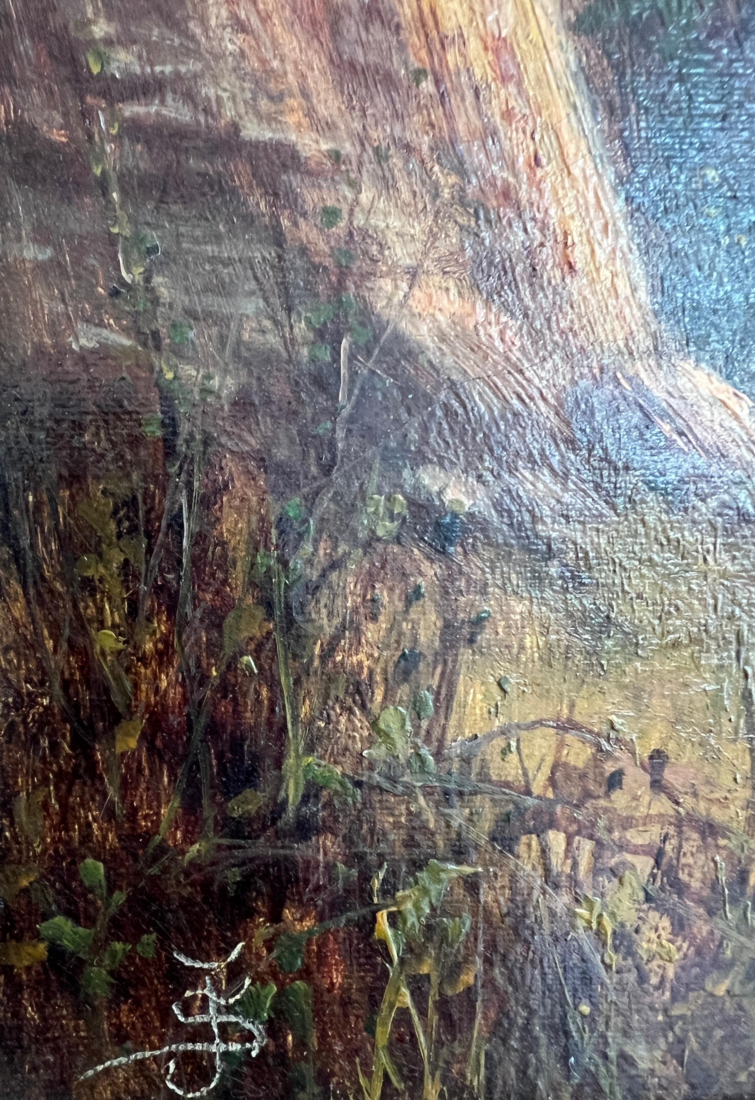 Landschaft im Berggebirge mit Schafen an einem Fluss (Braun), Landscape Painting, von Unknown