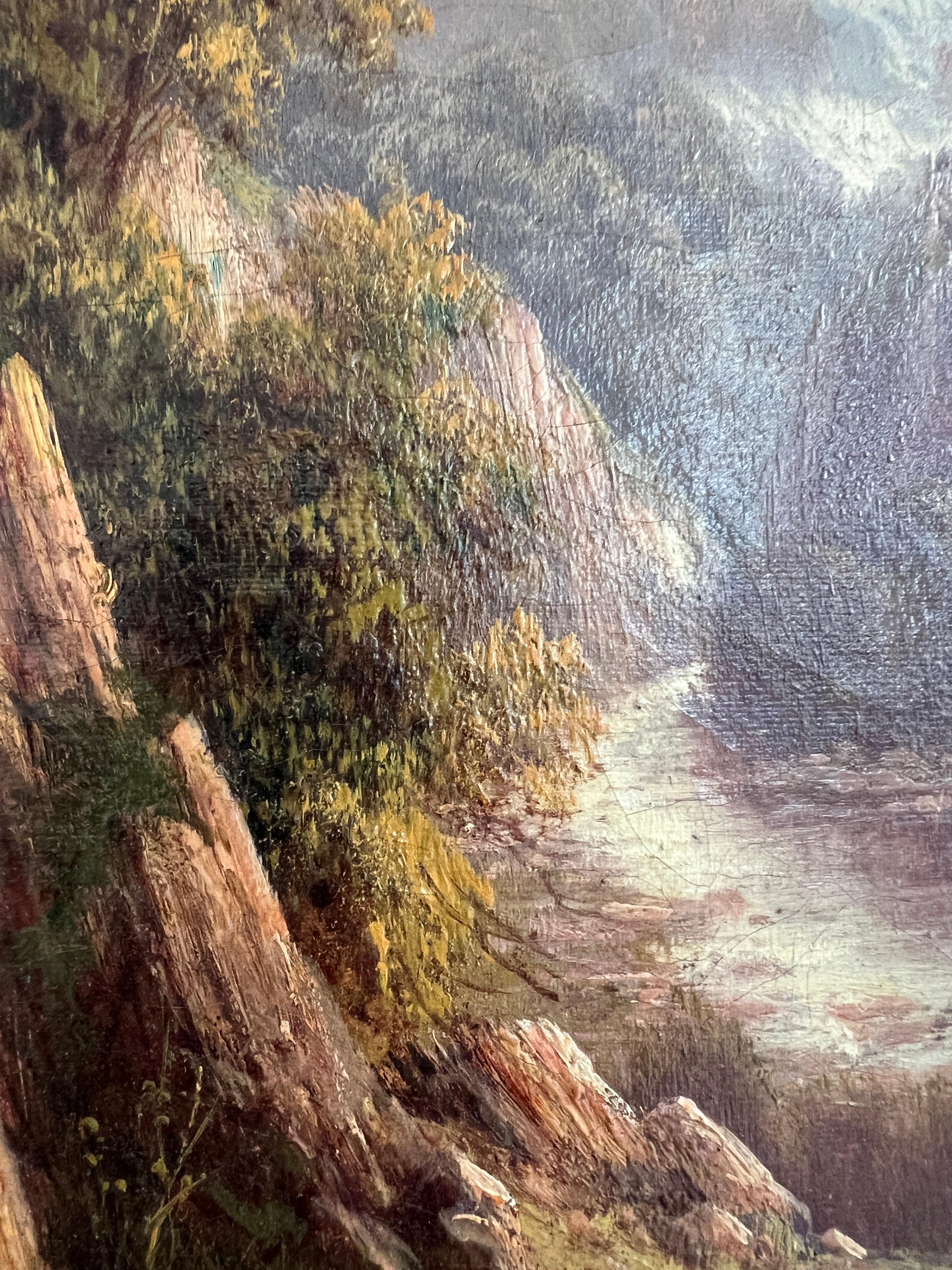 Landschaft im Berggebirge mit Schafen an einem Fluss im Angebot 3