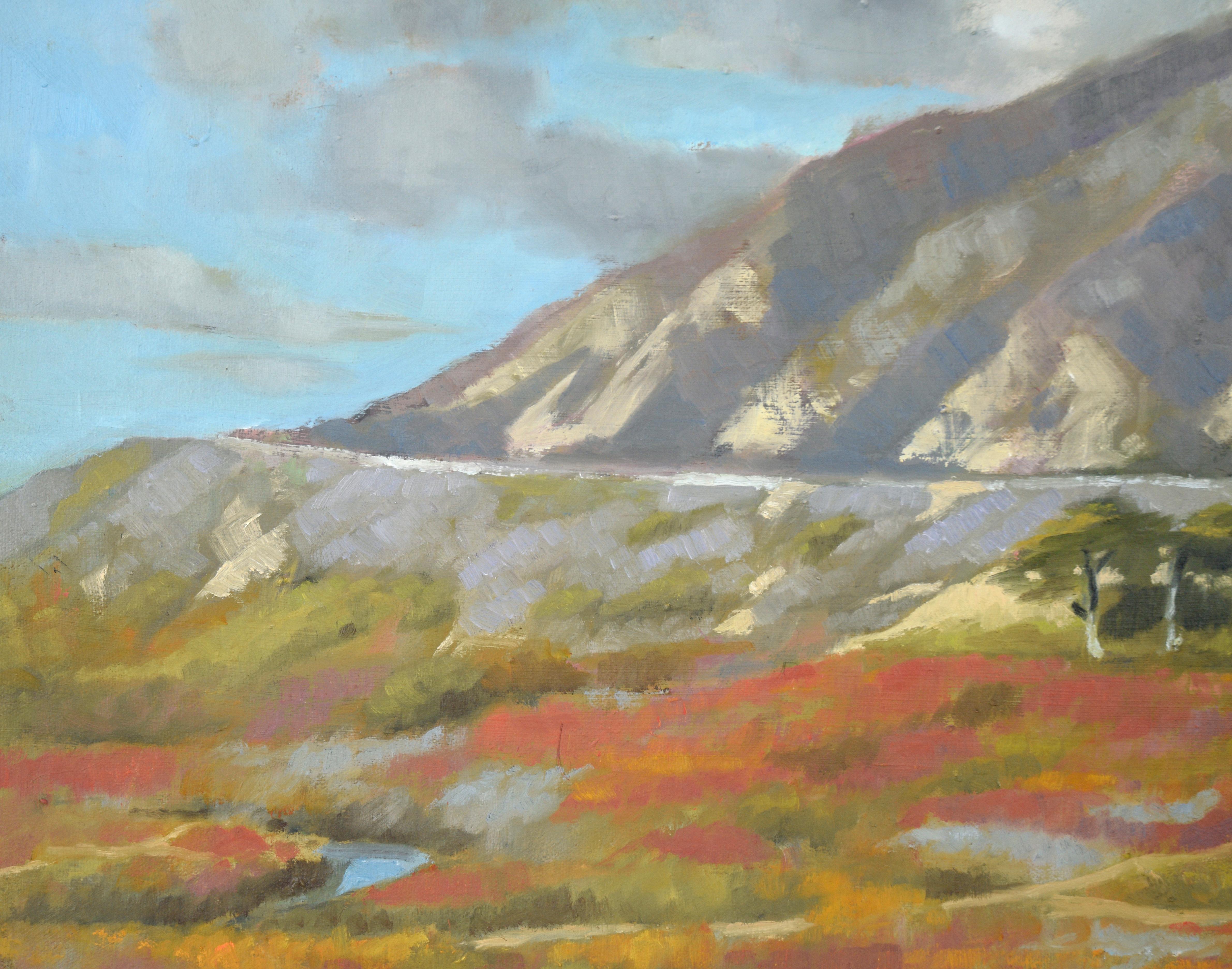 Mountain Landscape with Wildflowers in the Marsh in Acrylic on Canvas

Lush landscape by unknown central California coast artist Maria Pavao Hadsell (Portugal/American, 20th Century). The viewer stands at the edge of a marshy area, filled with