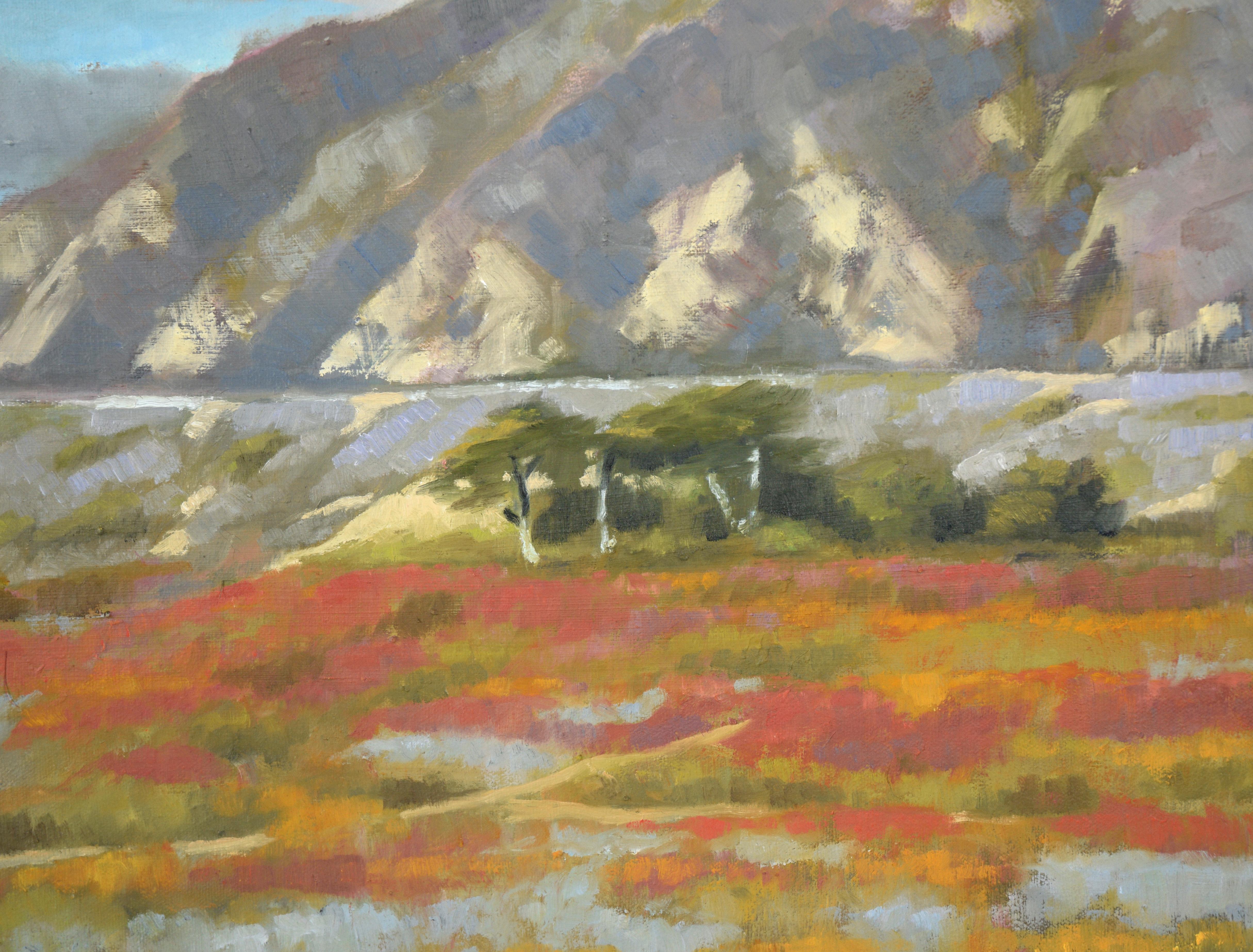 Mountain Landscape with Wildflowers in the Marsh in Acrylic on Canvas For Sale 1