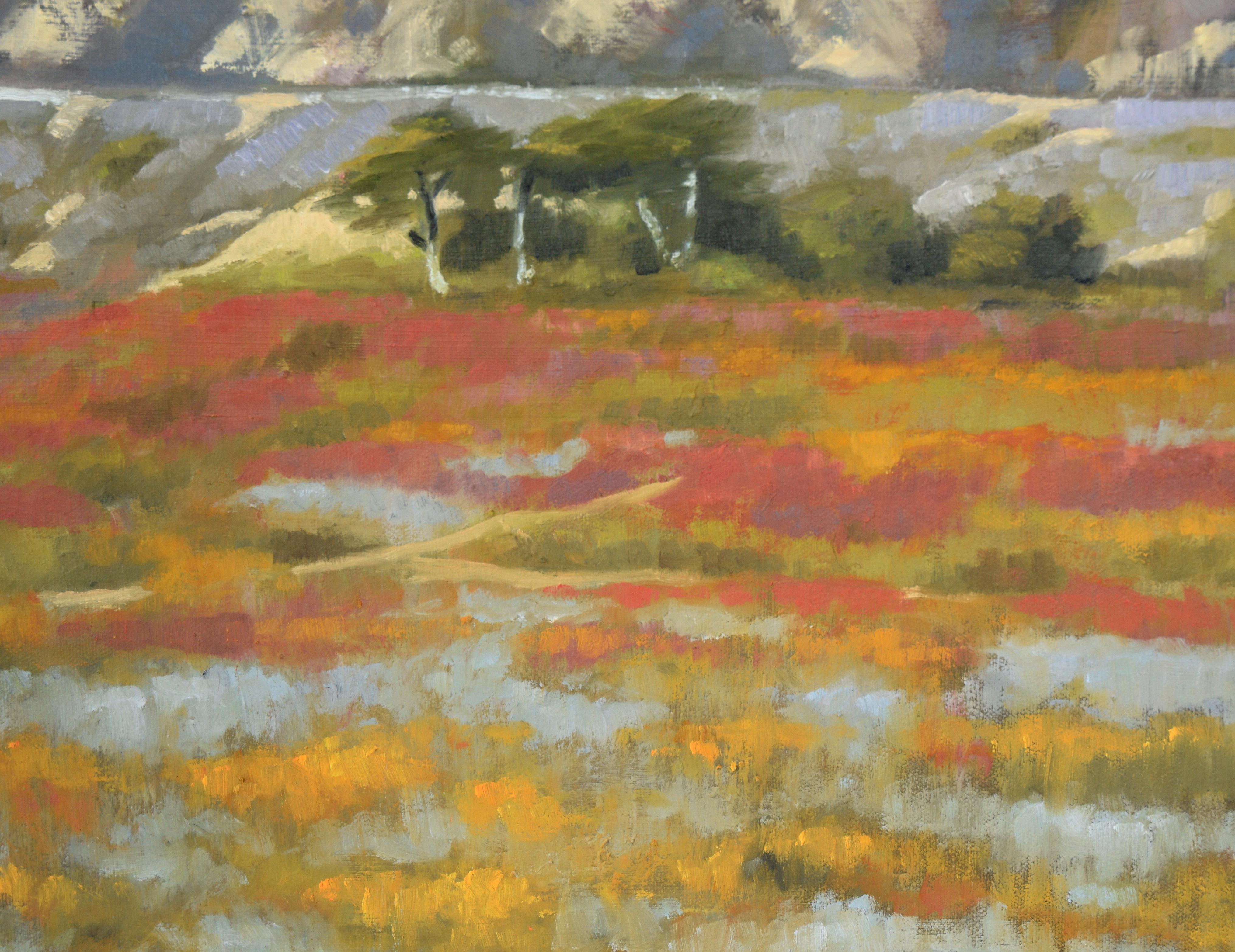 Mountain Landscape with Wildflowers in the Marsh in Acrylic on Canvas For Sale 3