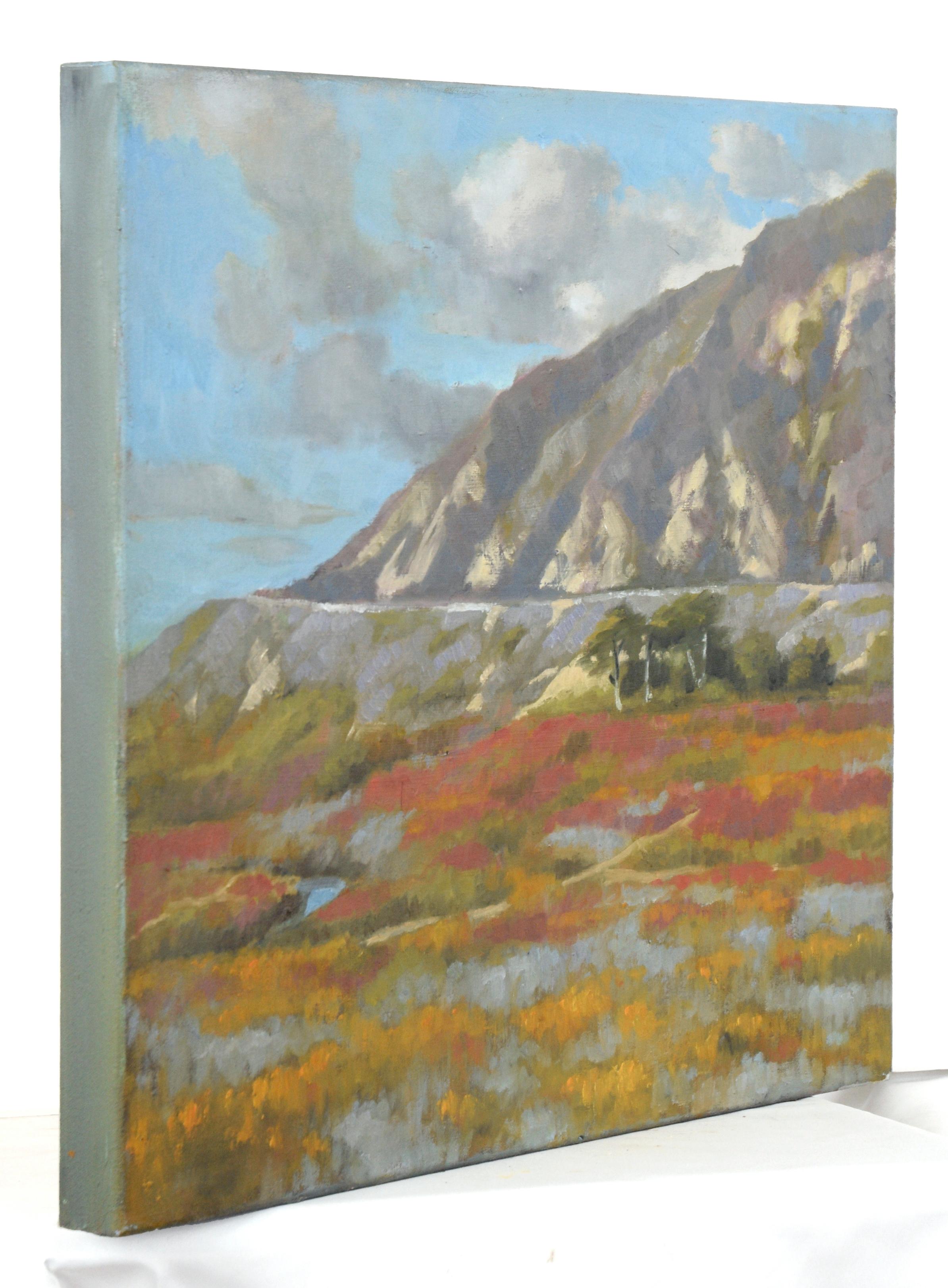 Mountain Landscape with Wildflowers in the Marsh in Acrylic on Canvas For Sale 4