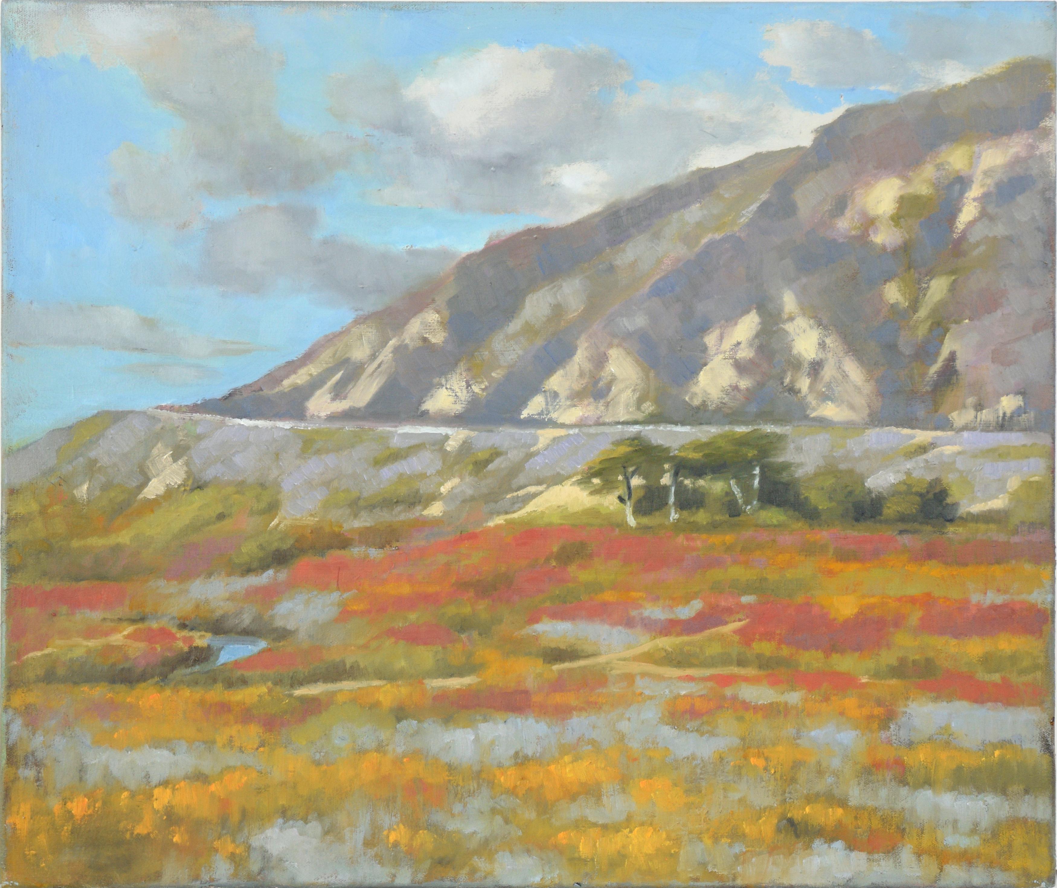 Unknown Landscape Painting - Mountain Landscape with Wildflowers in the Marsh in Acrylic on Canvas