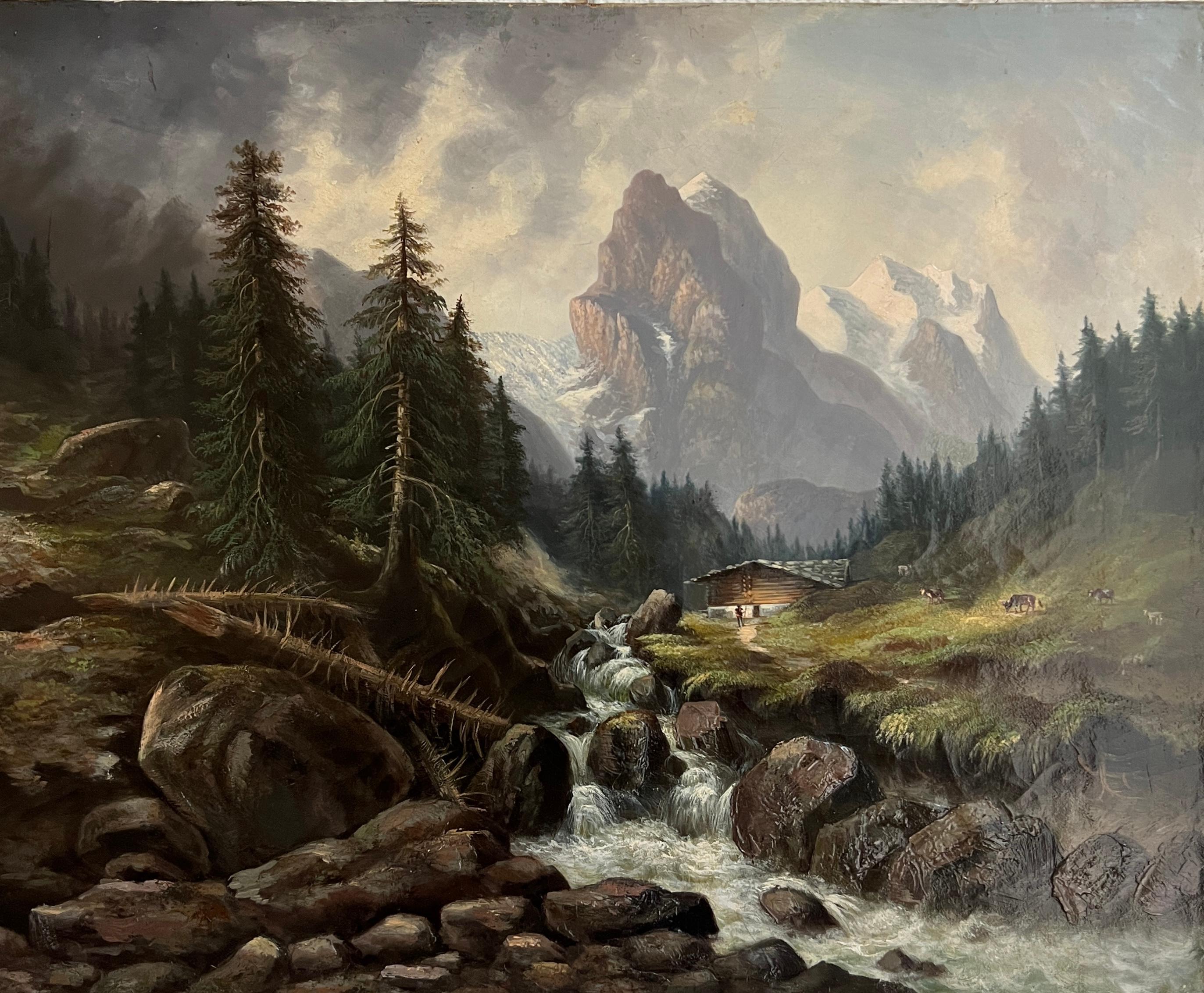 Unknown Landscape Painting - Mountain stream with character and cows