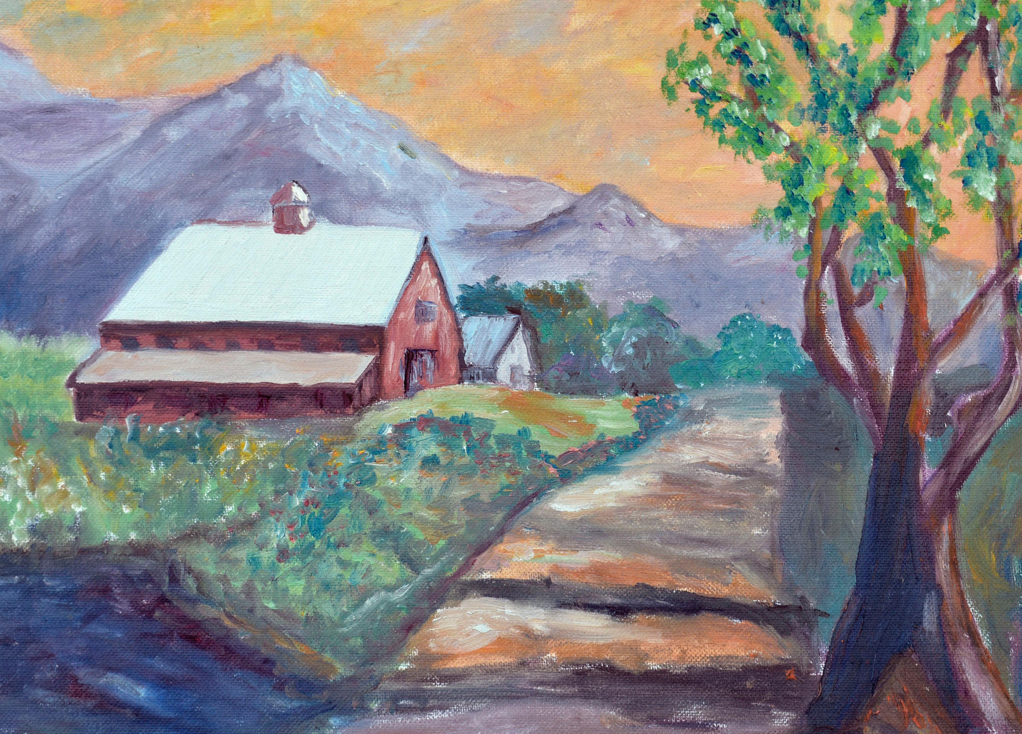 Paysage naïf de la vallée de la montagne du milieu du siècle dernier  - Painting de Unknown