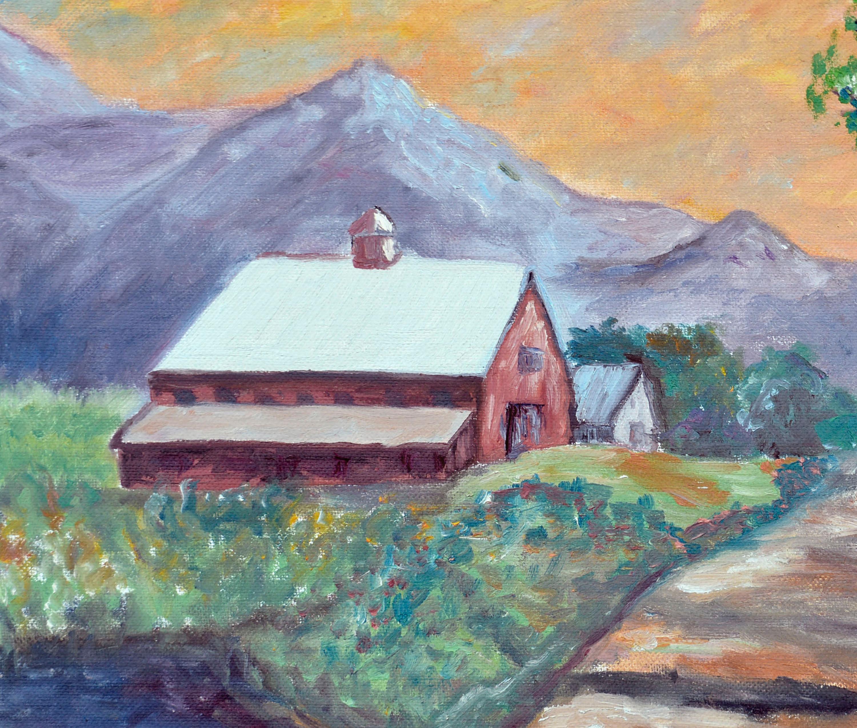 Mid Century Mountain Valley Bauernhof Naive Landschaft  (Amerikanischer Impressionismus), Painting, von Unknown