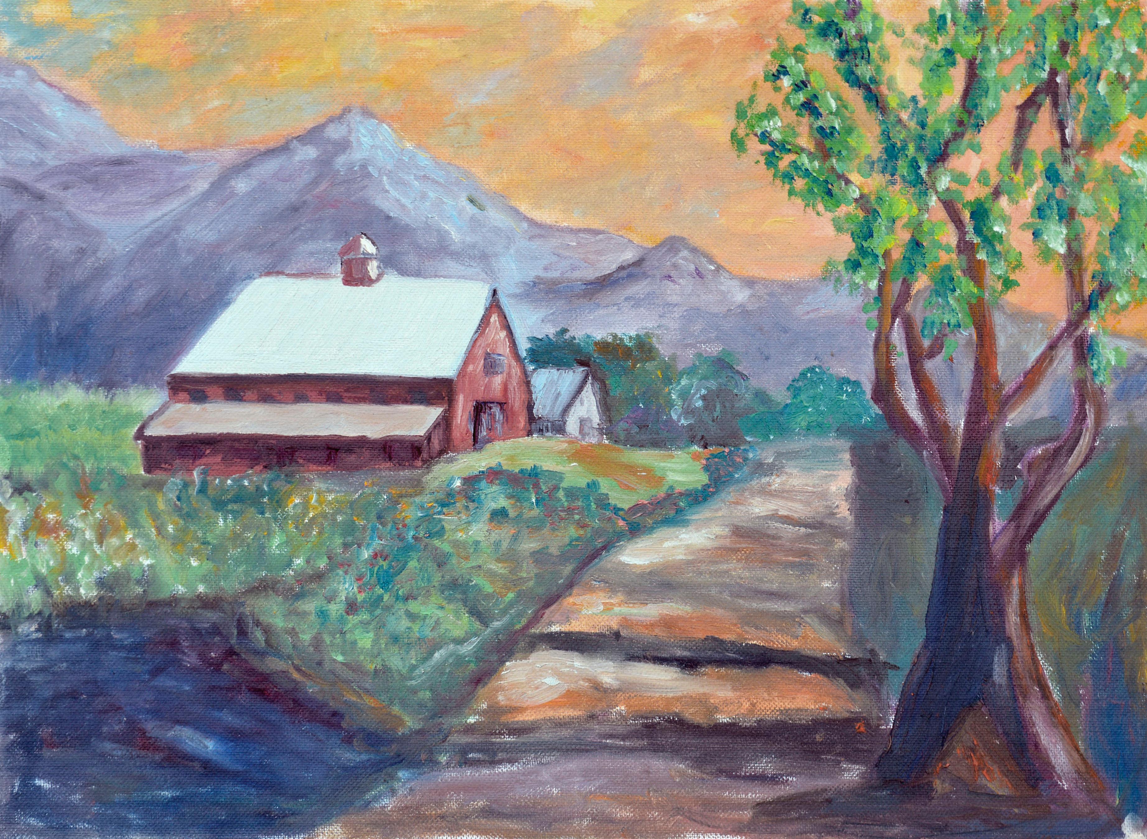 Unknown Landscape Painting – Mid Century Mountain Valley Bauernhof Naive Landschaft 