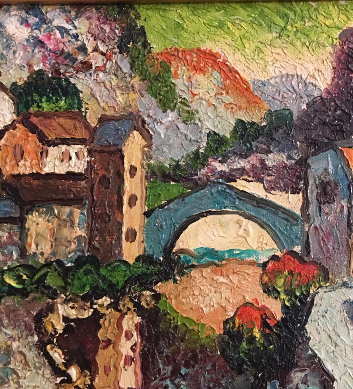 Mountain Village with Bridge over Stream - Painting by Unknown