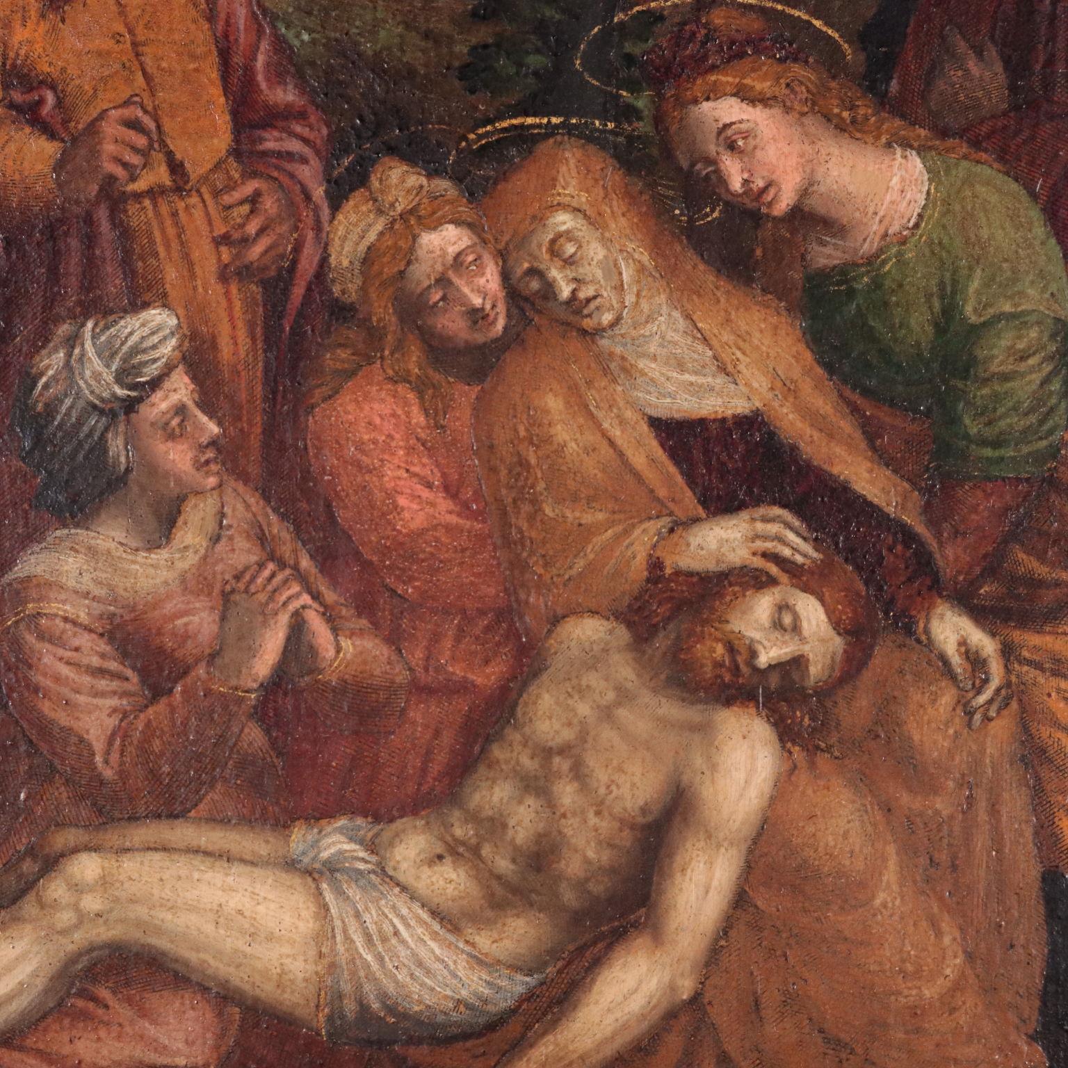 Mourning on the dead Christ, Oil On Paper On Canvas , 16th Century - Other Art Style Painting by Unknown