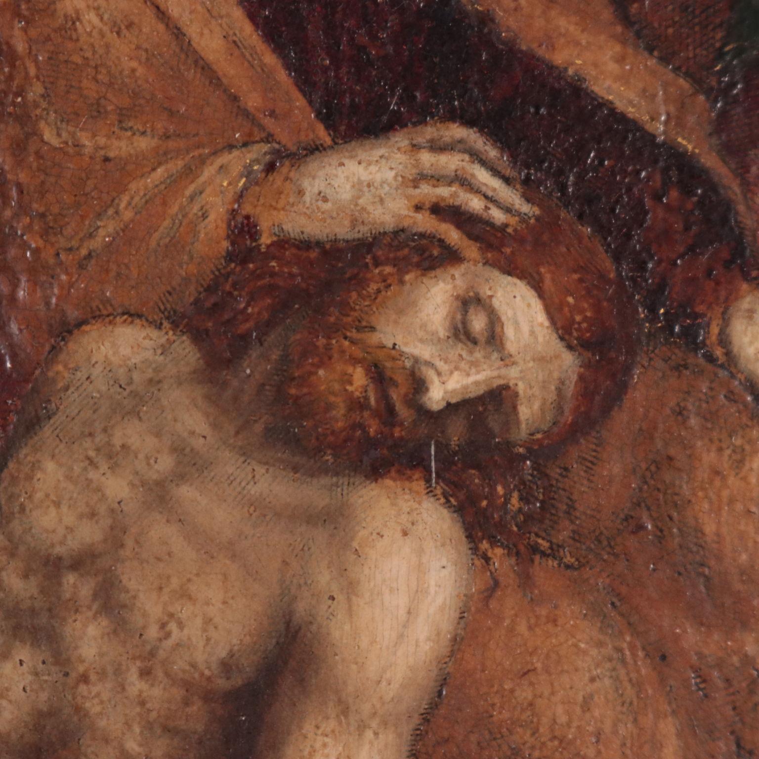 Mourning on the dead Christ, Oil On Paper On Canvas , 16th Century - Brown Figurative Painting by Unknown