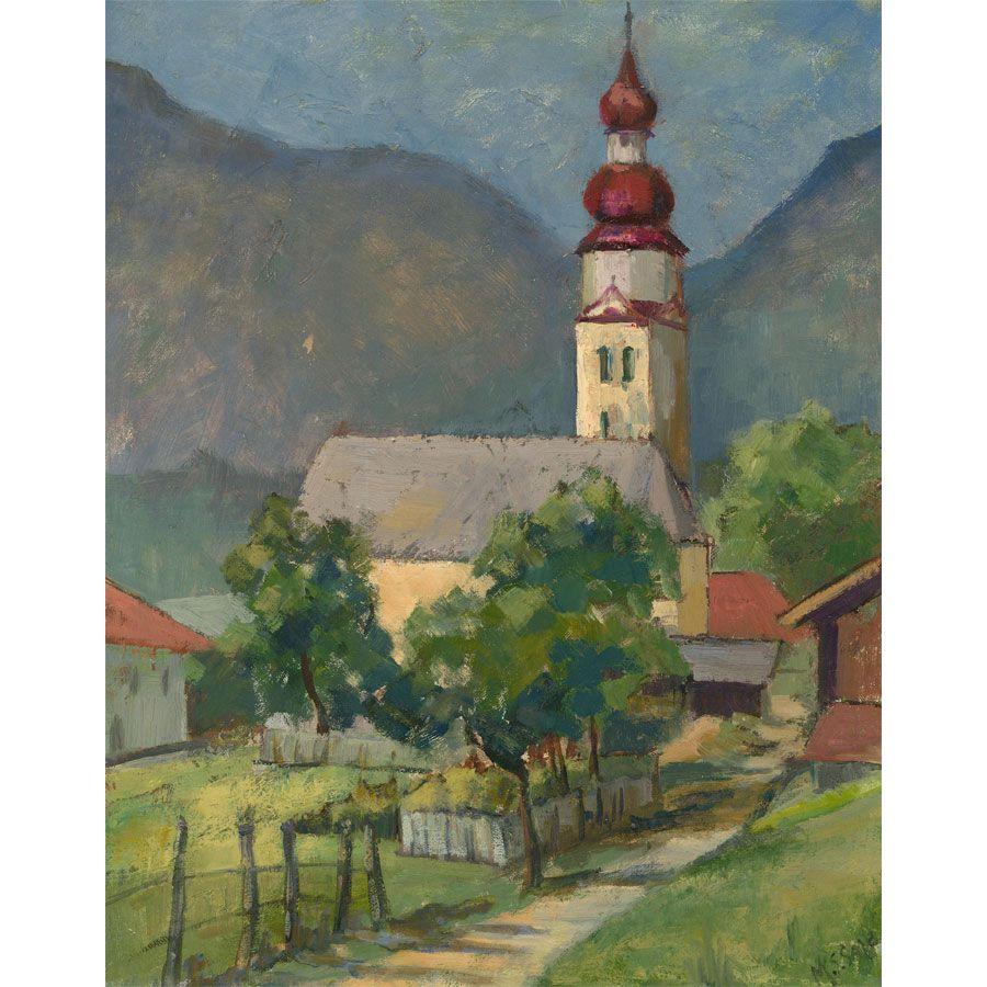 Unknown Landscape Painting – M.S. Verkauf – Ölgemälde, Radfeld, 20. Jahrhundert
