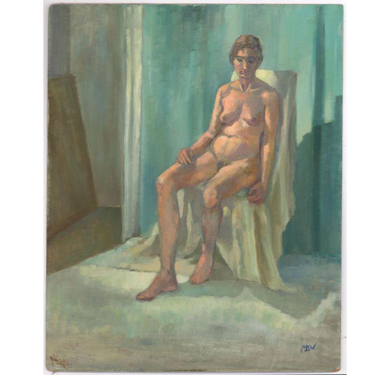 M.S.W - 20e siècle Huile, Nu assis - Painting de Unknown