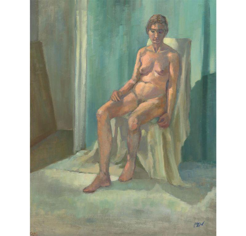 Nude Painting Unknown - M.S.W - 20e siècle Huile, Nu assis