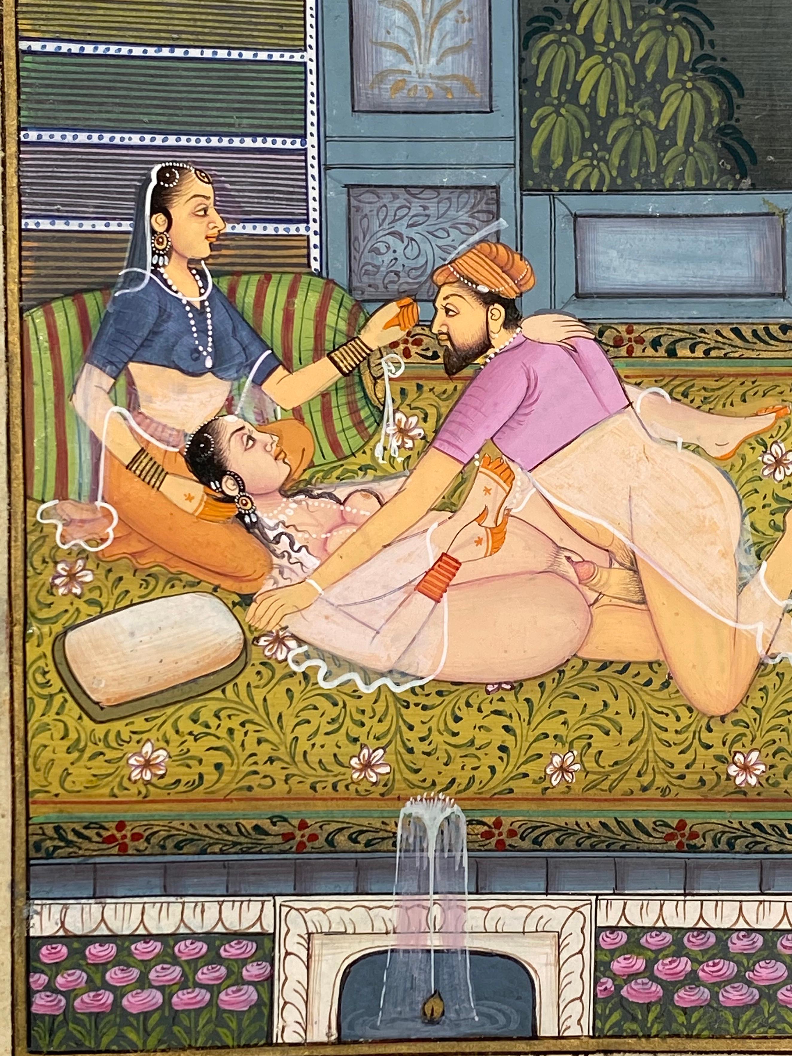 Mughal Couple engaging in Kama Sutra Outside in Nature in front of a Fountain - Painting by Unknown