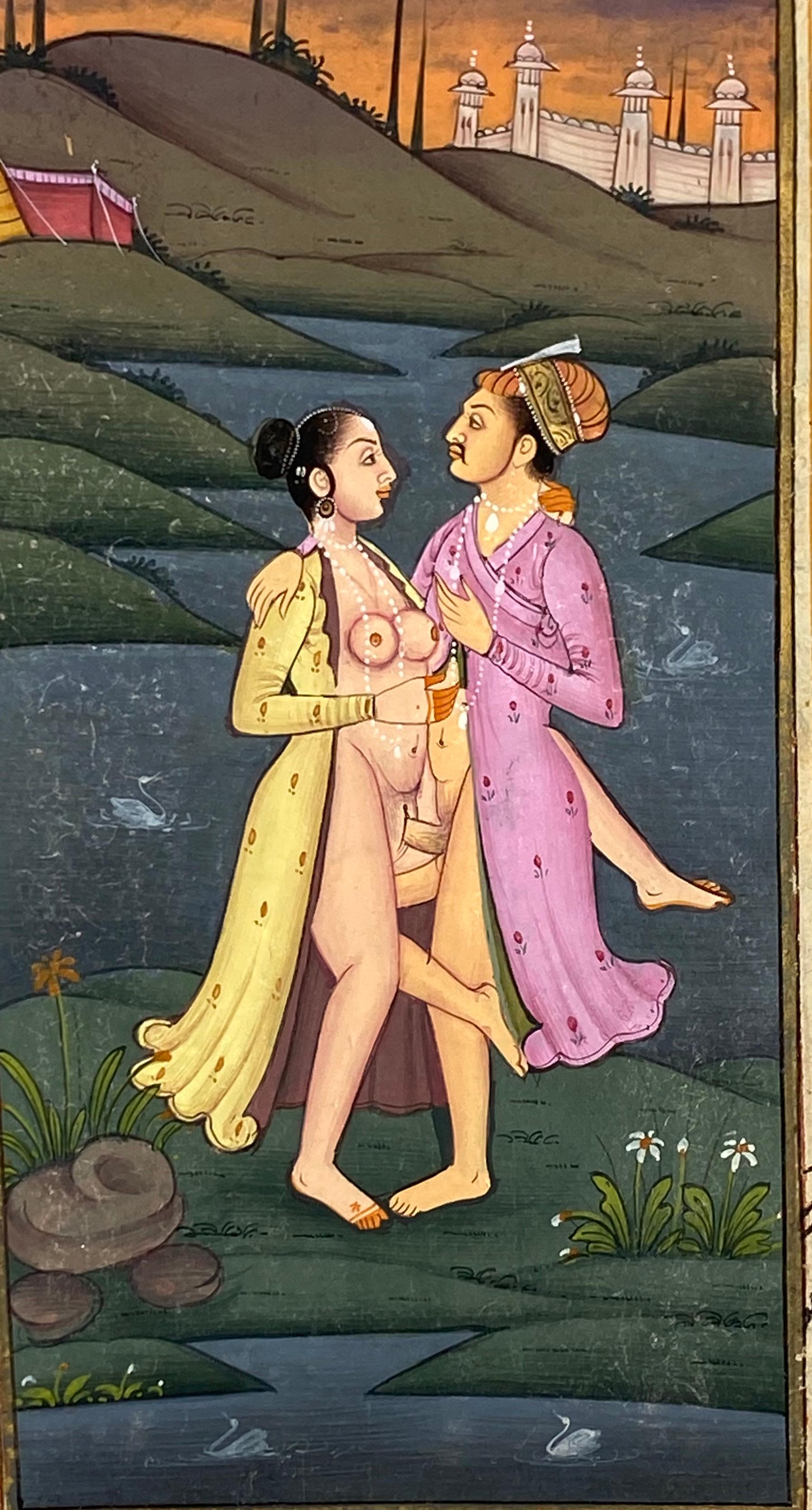 Unknown Figurative Painting - Mughal Prince engaging in Kama Sutra with a Danse