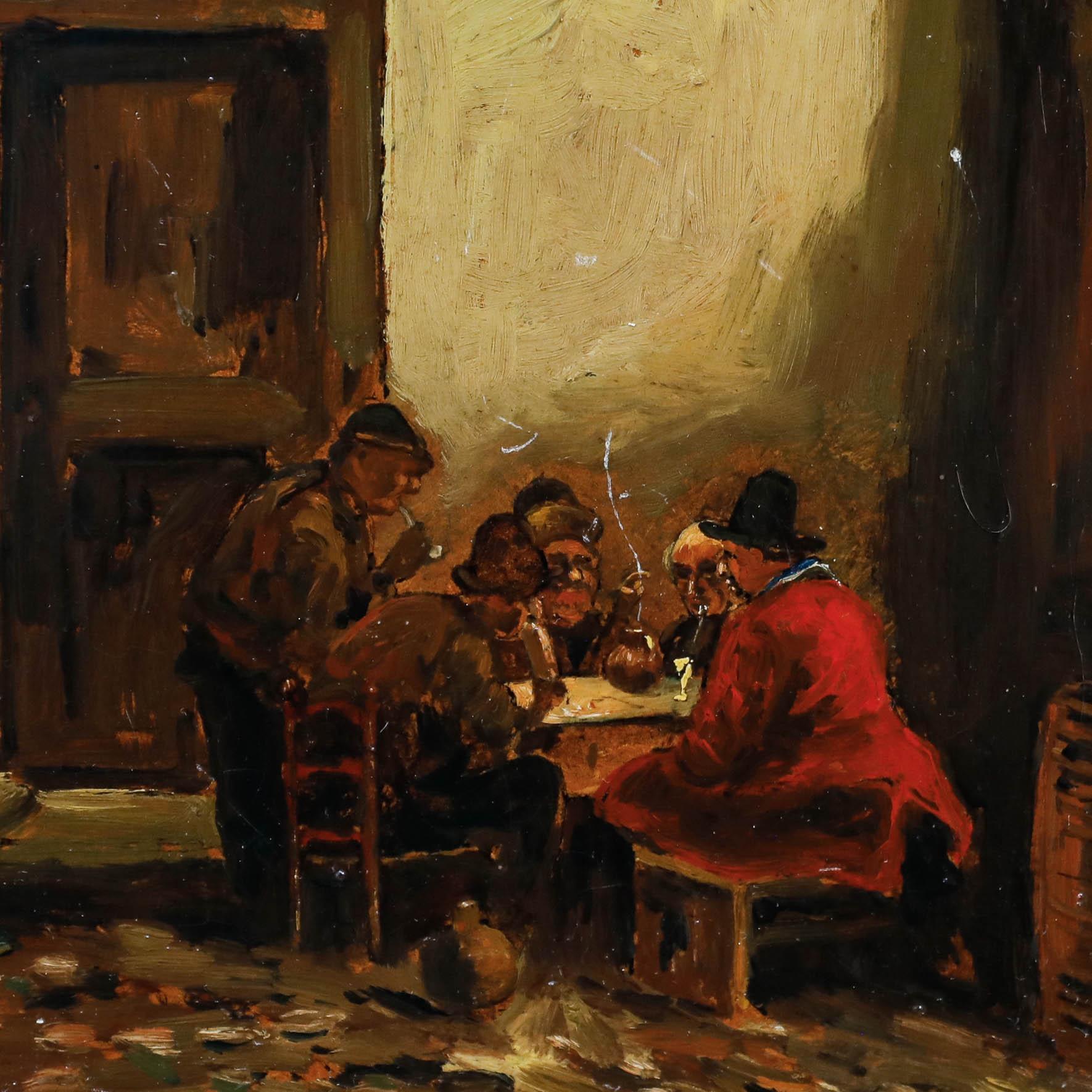 Plusieurs hommes se réunissent autour d'une table dans une taverne faiblement éclairée dans cette scène de genre d'après Claus Meyers (1856-1919). Signé en bas à droite. Bien présenté dans un cadre vintage à effet doré. A bord. Taille de l'image :