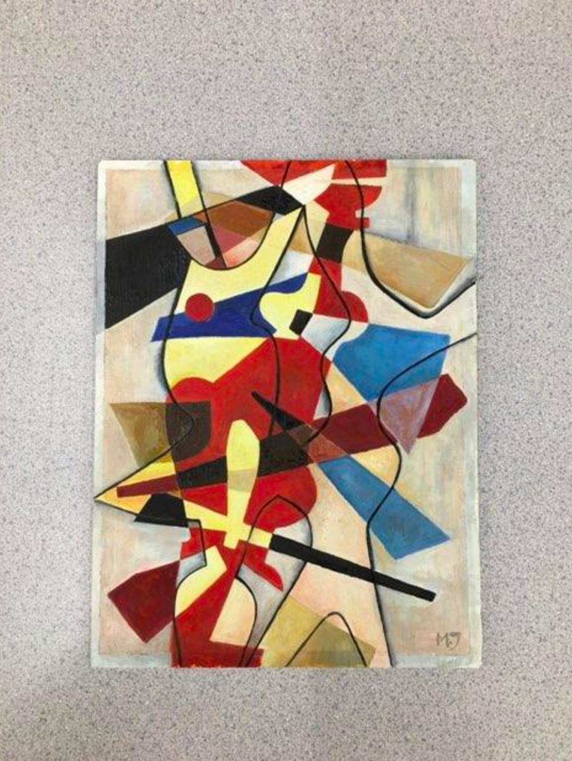 Peinture à l'huile cubiste abstraite multicolore avec monogramme MJ en vente 8