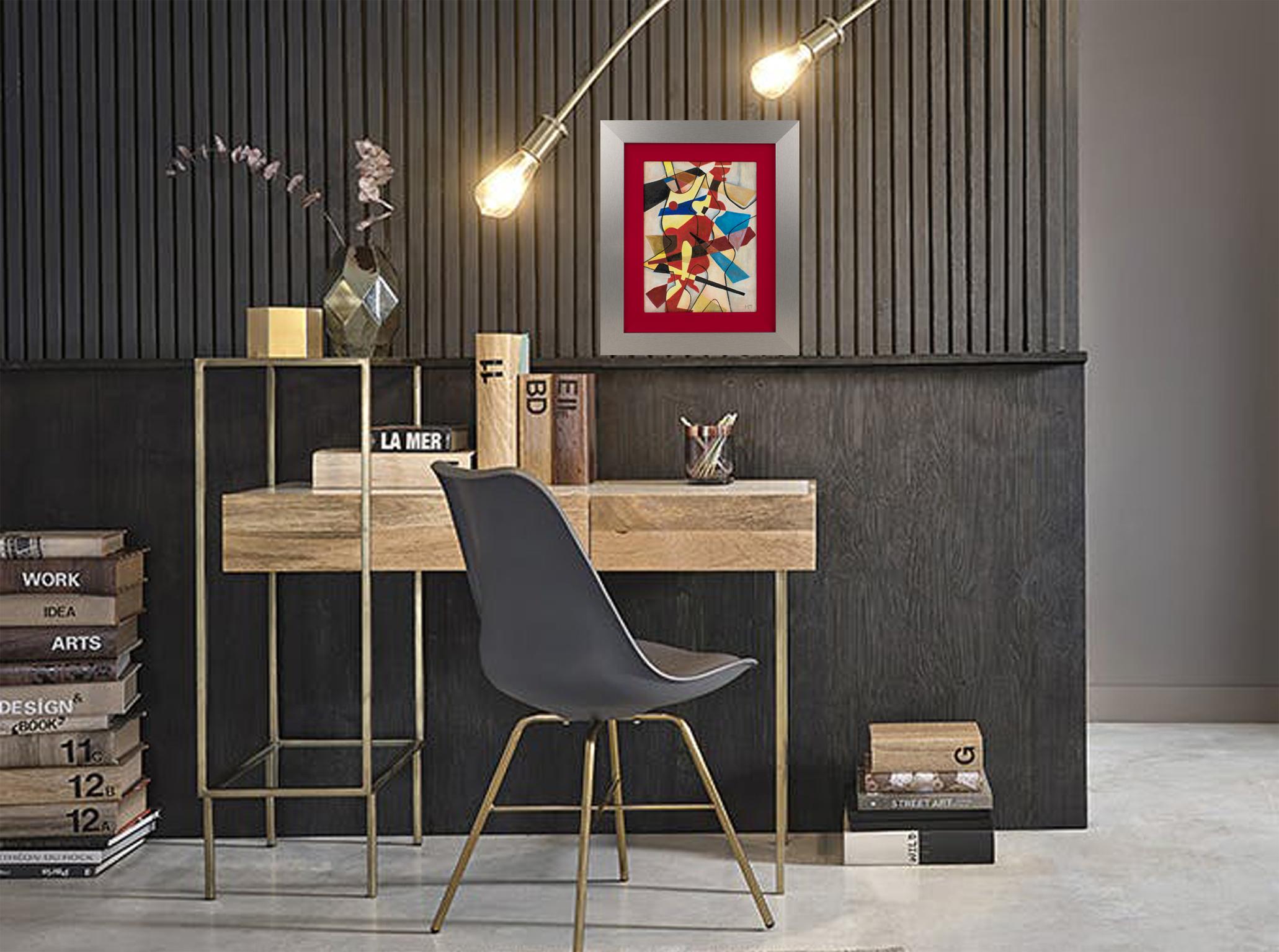 Multicolor Abstract Cubist Oil Painting with Monogram Signature MJ - Brown Abstract Painting by Unknown