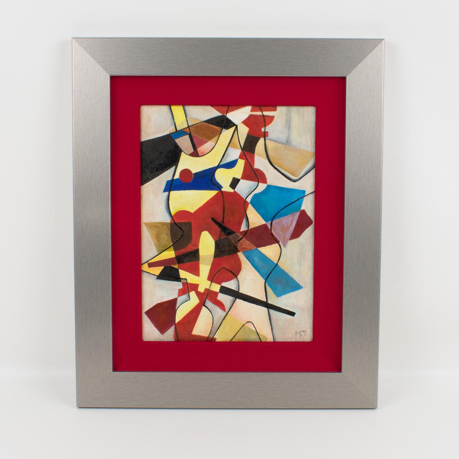Mehrfarbiges abstraktes kubistisches Ölgemälde mit Monogramm MJ (Braun), Still-Life Painting, von Unknown