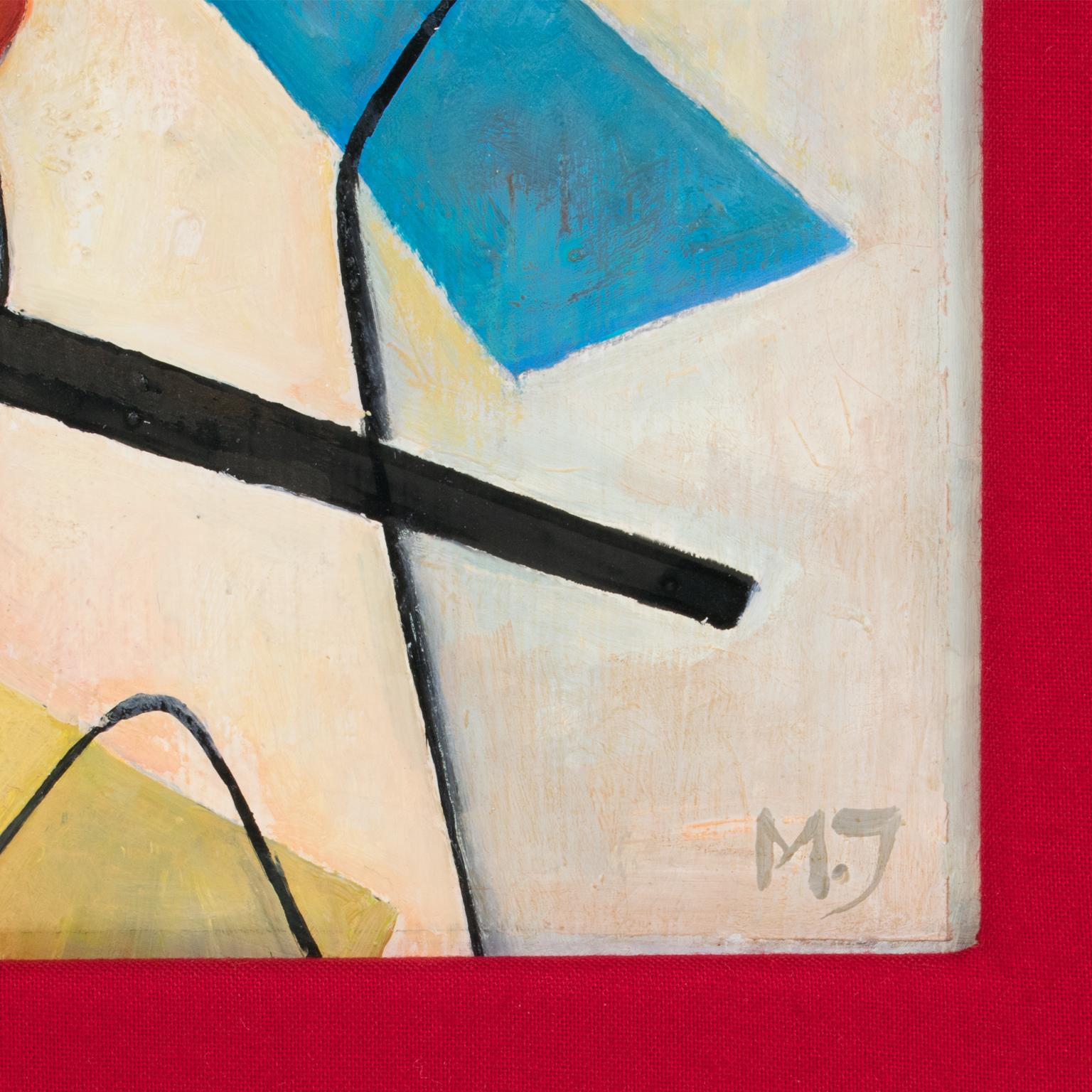 Cette élégante peinture abstraite cubiste à l'huile sur panneau avec un monogramme signé 