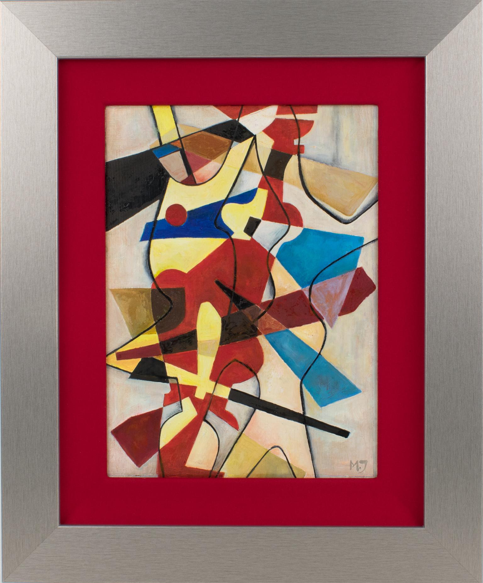 Peinture à l'huile cubiste abstraite multicolore avec monogramme MJ en vente 1